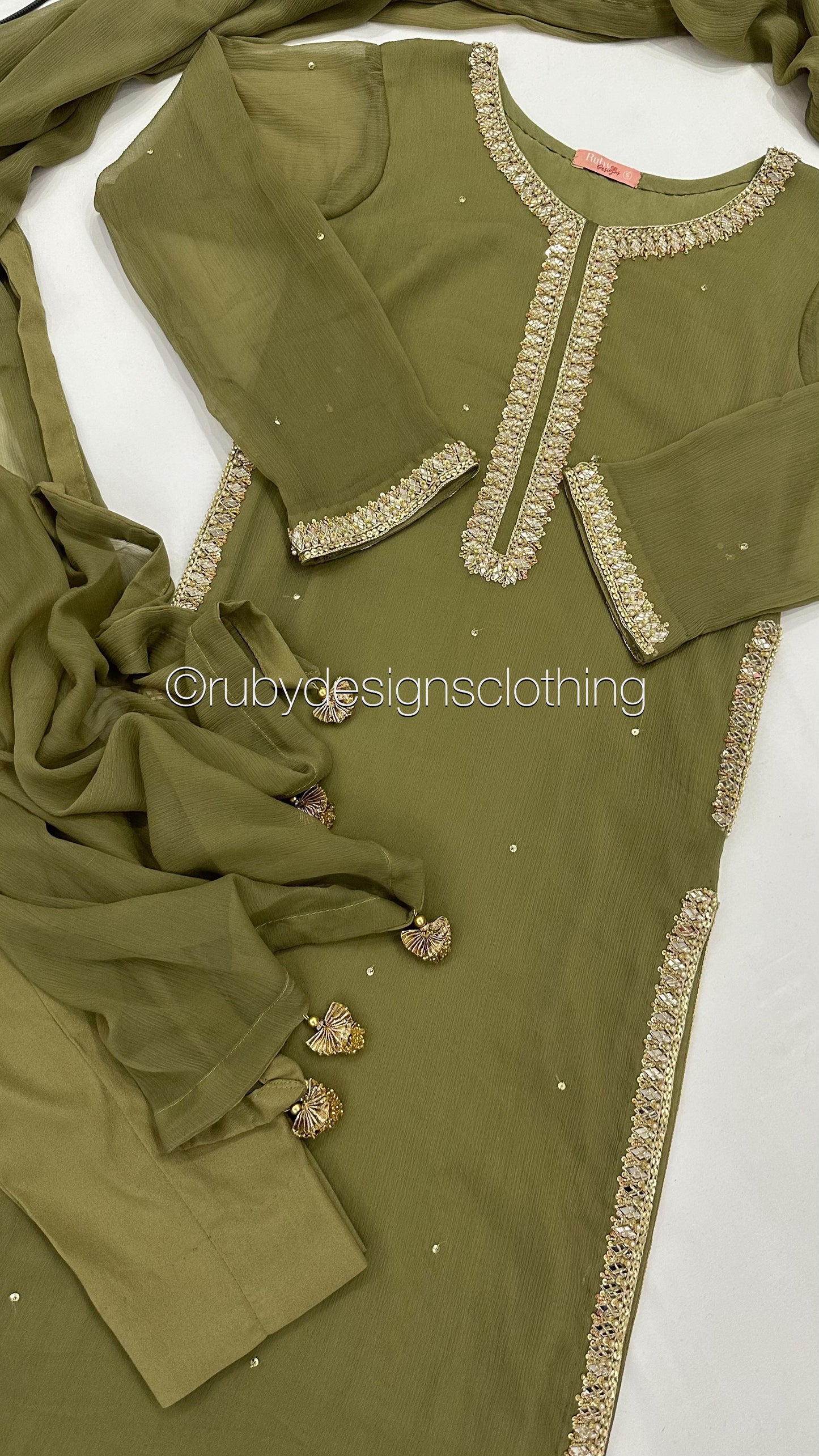 SARA Olive - 3 Piece Chiffon Suit with Pockets and Handwork (8069534089429)
