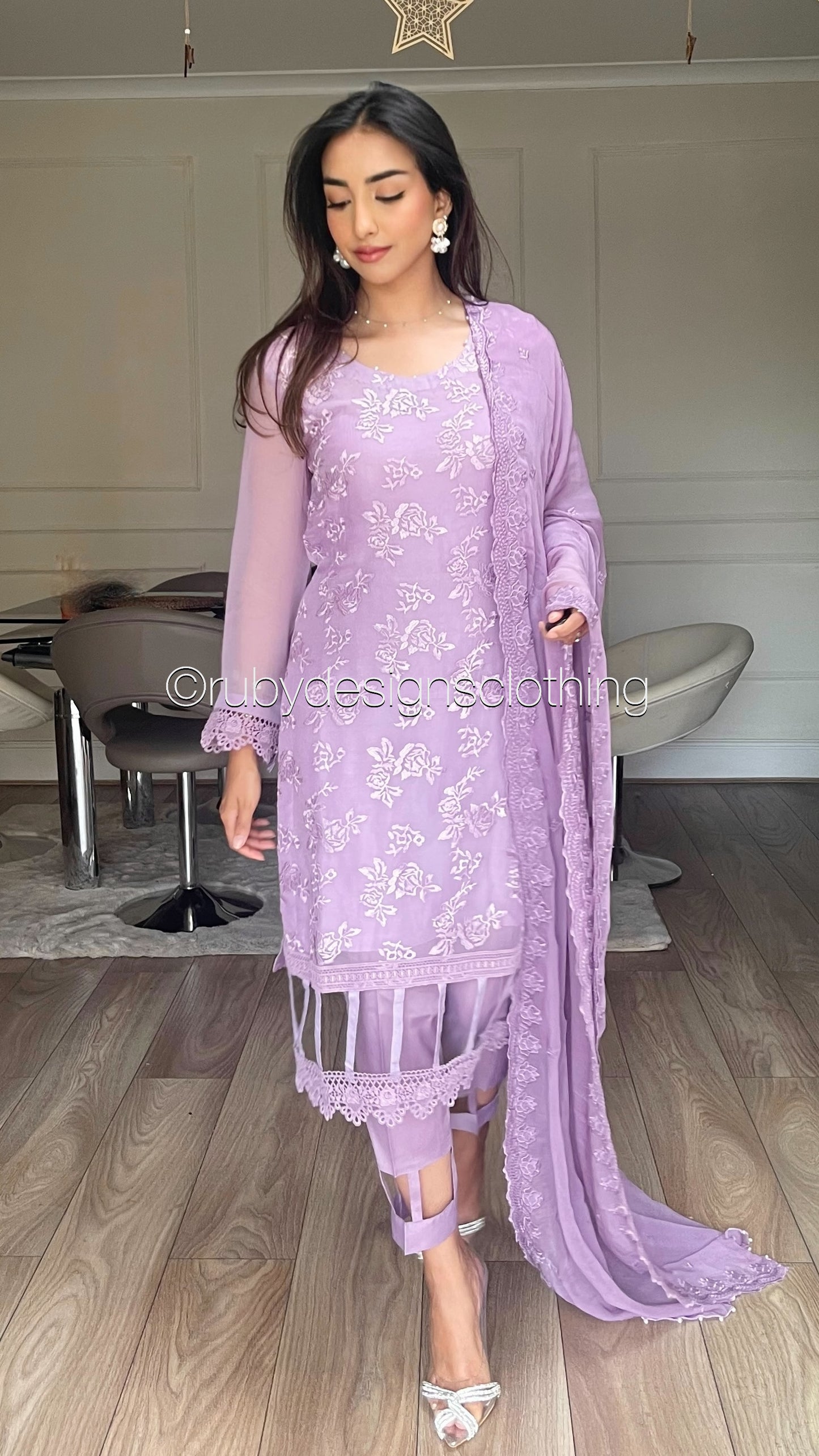 MEHER Lilac - 3 Piece Embroidered Chiffon Suit with Cut Out Details (8060594225365) (8747703861461)
