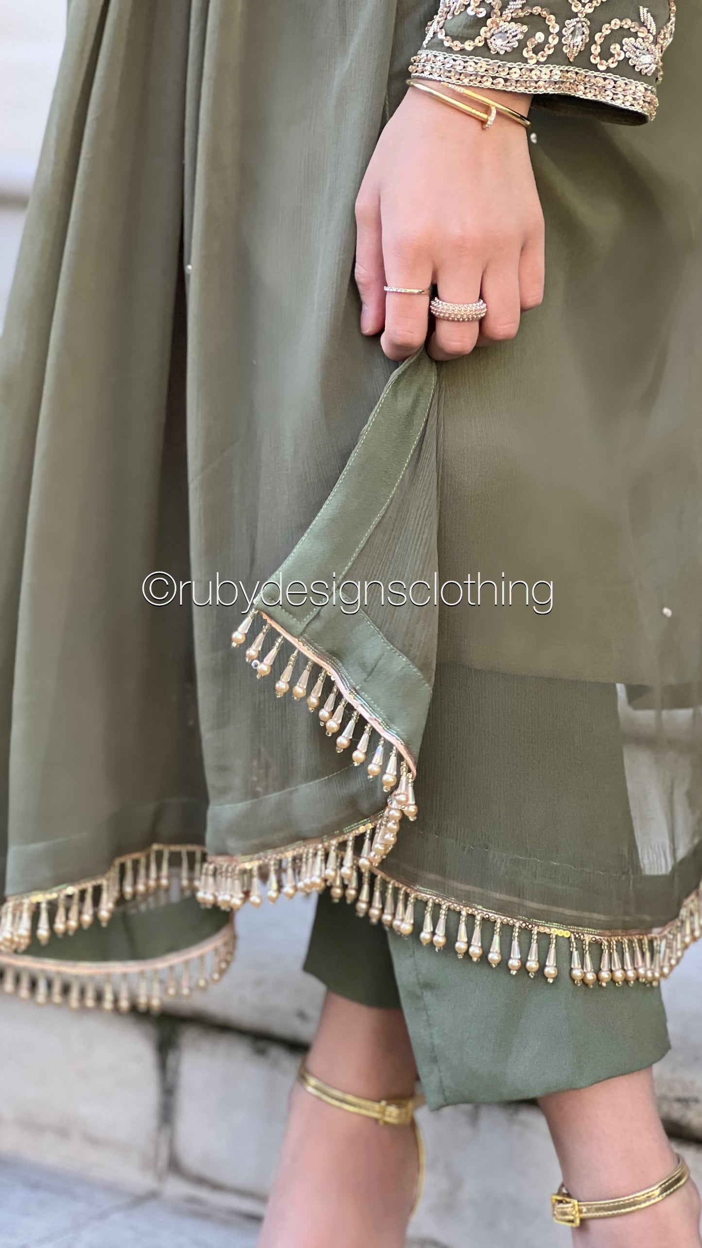 SOFIA Olive - 3 Piece Olive Chiffon Suit with Gold Handwork