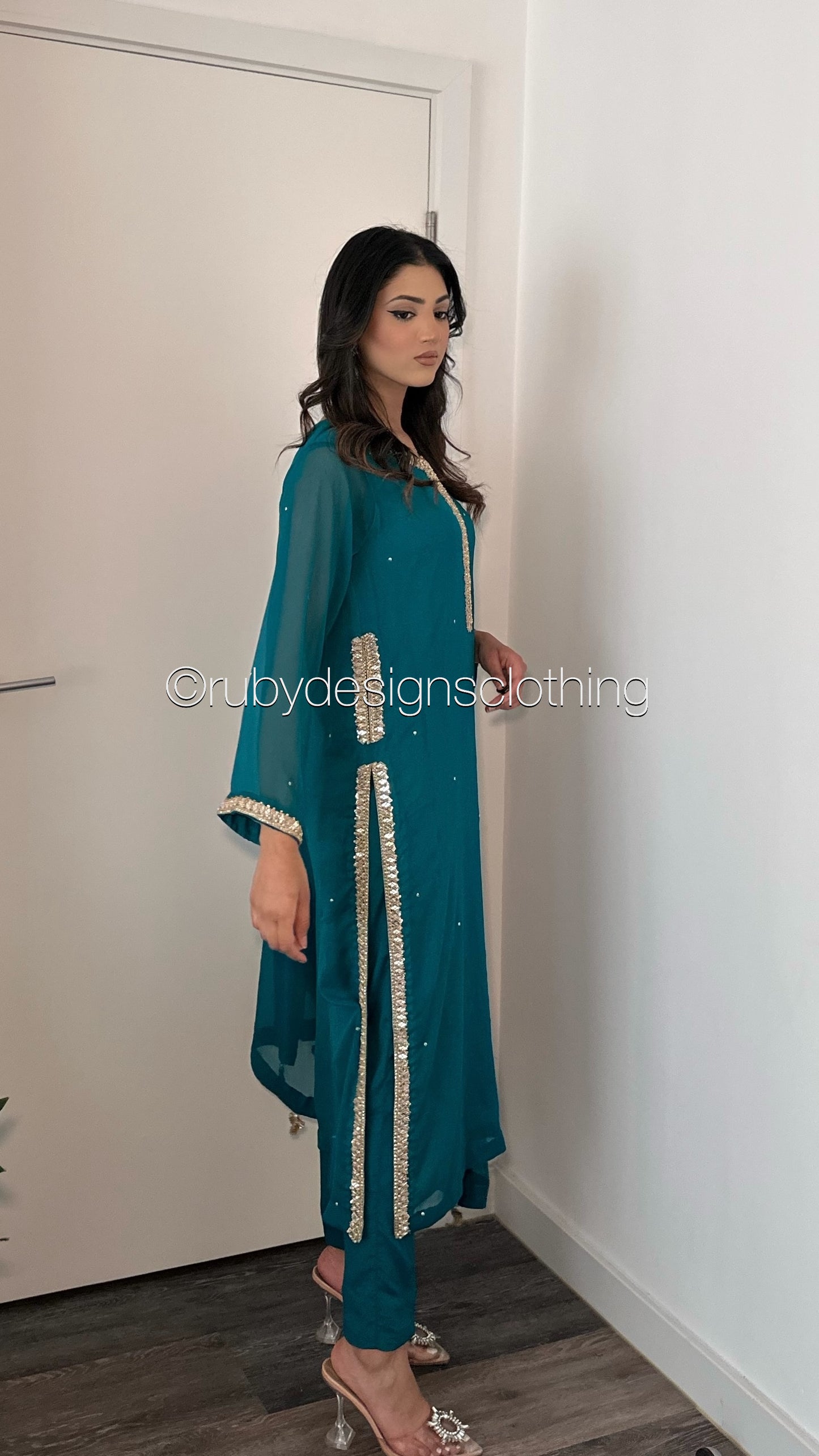SARA Sea Green/Teal - 3 Piece Chiffon Suit with Pockets and Handwork (8069533630677)