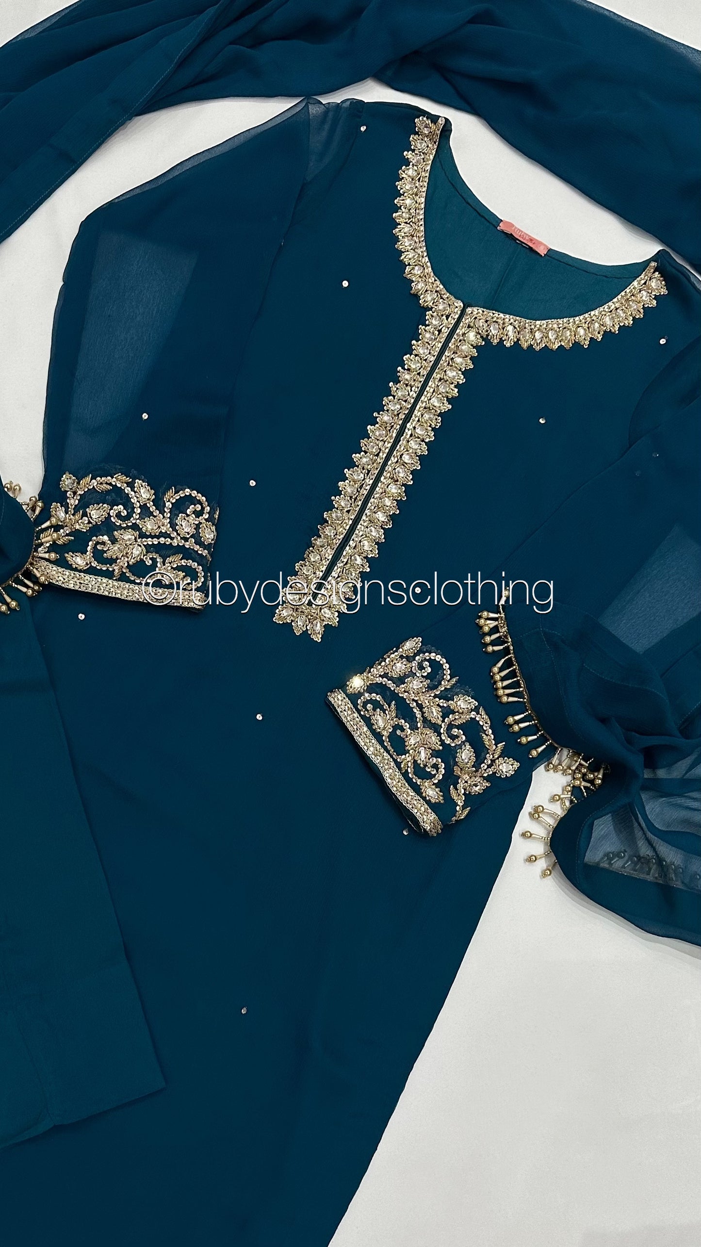 SOFIA Teal - 3 Piece Teal Chiffon Suit with Gold Handwork (8053043495125)