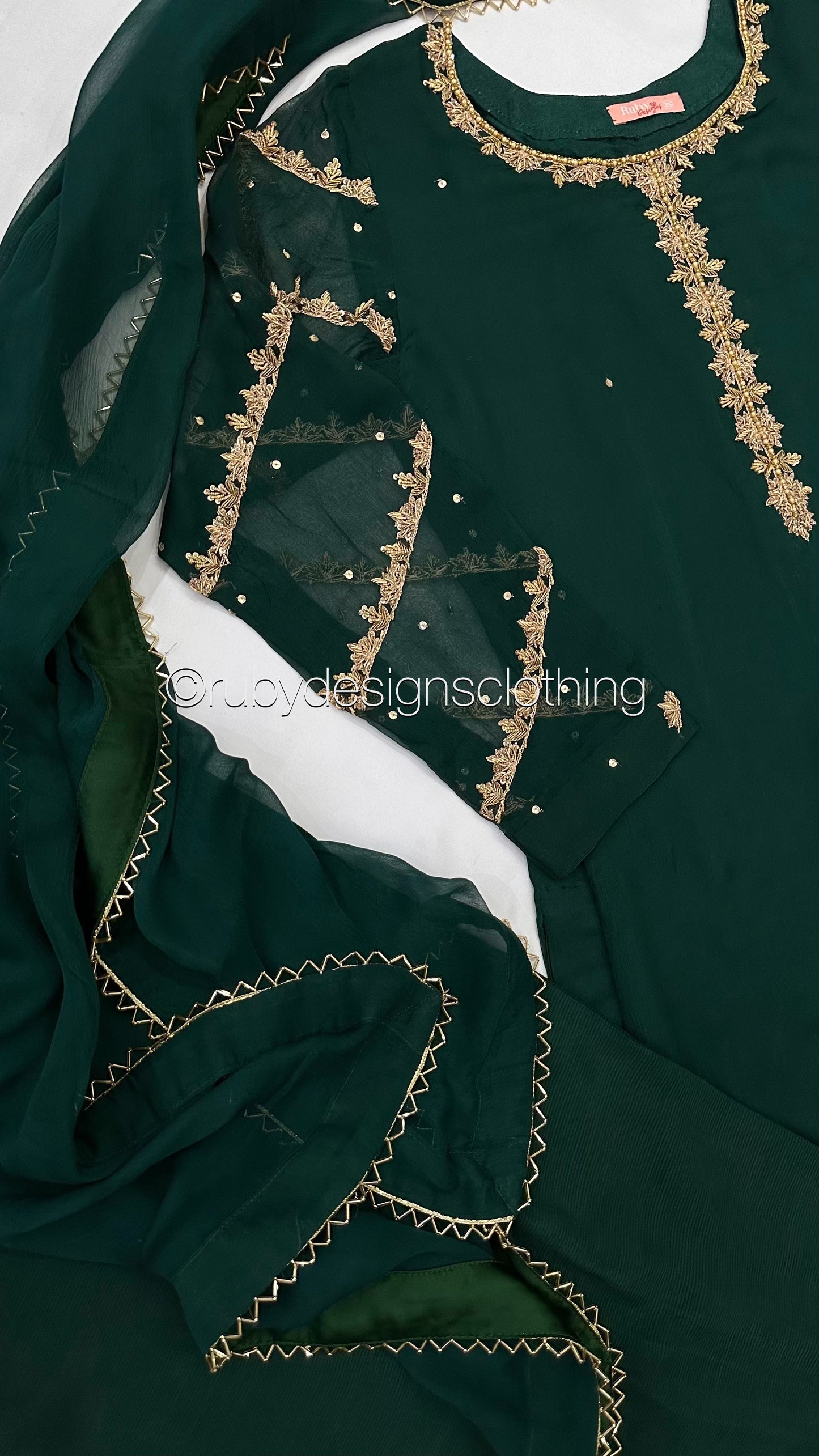 IRHA Emerald - 3 Piece Chiffon Suit with Gold Handwork