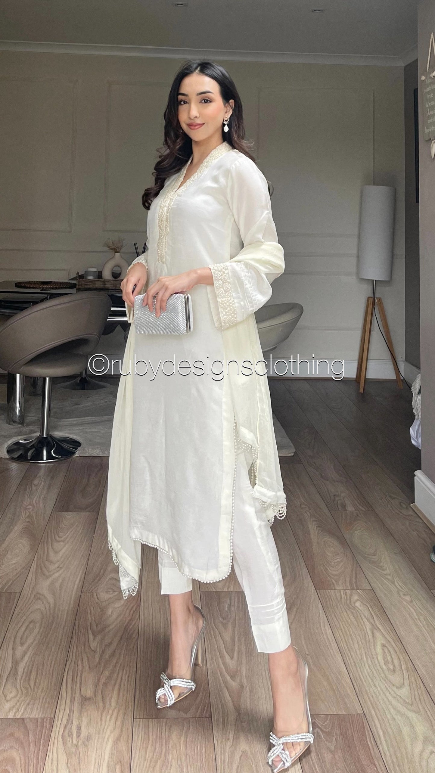 Minor Defect: NURA - 3 Piece Off-White Korean Raw Silk Suit with Chiffon Dupatta