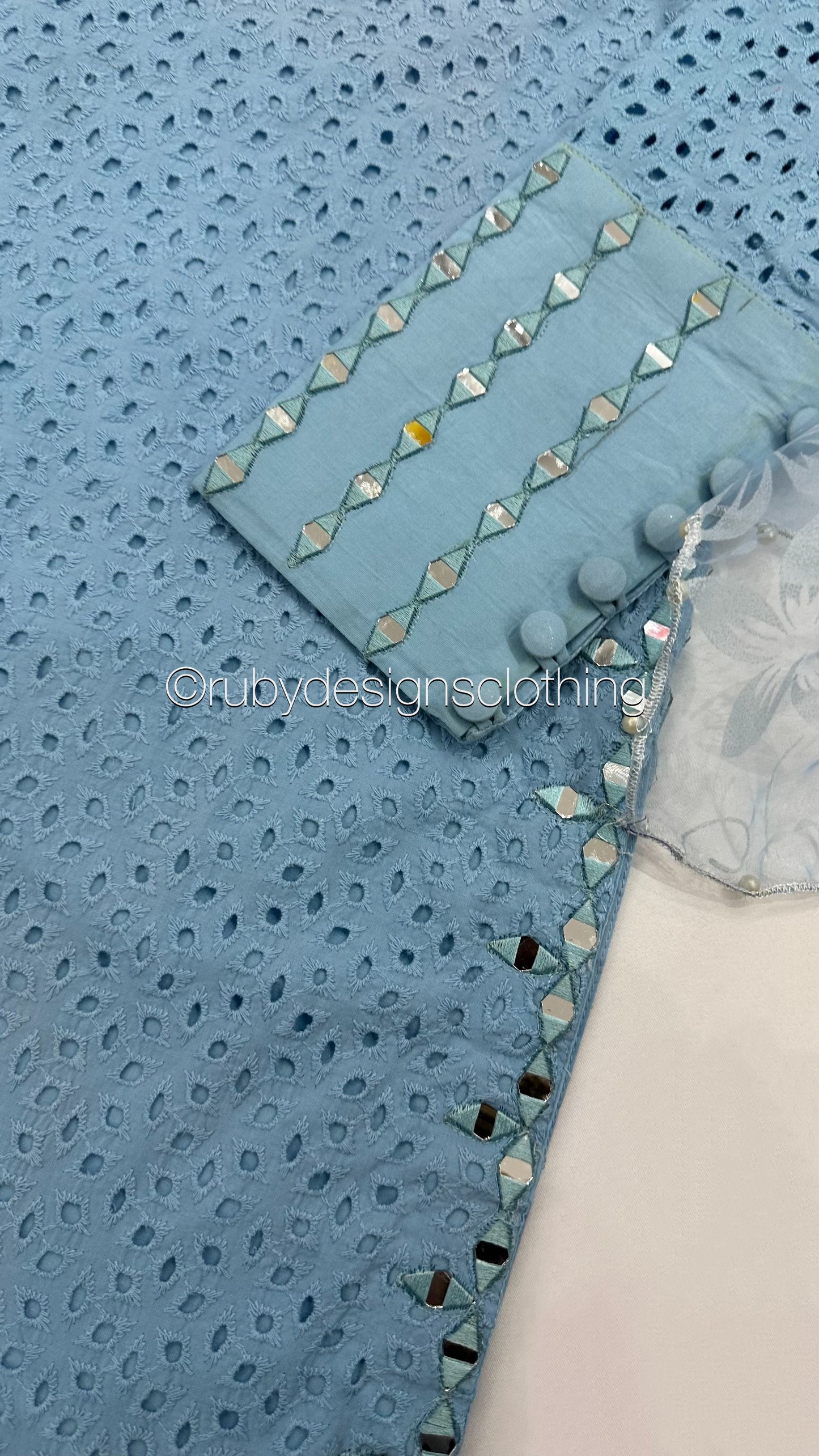 AZRA Blue - 3 Piece Blue Chikankari Suit with Floral Print Organza Dupatta (8066417393877) (8747713331413)
