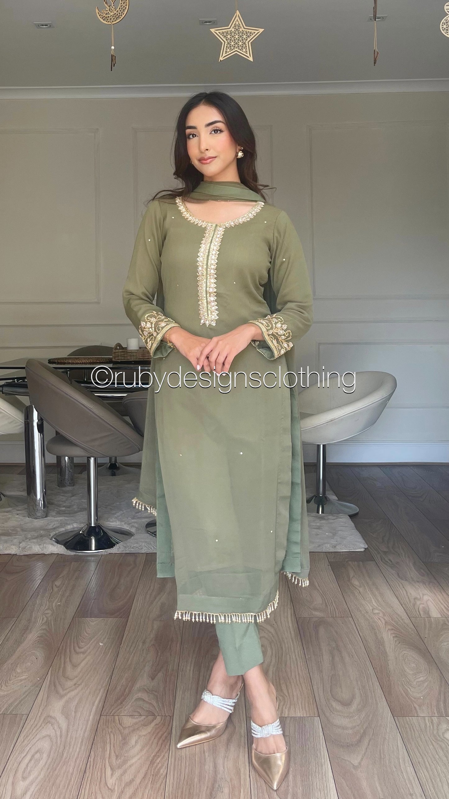 SOFIA Olive - 3 Piece Olive Chiffon Suit with Gold Handwork