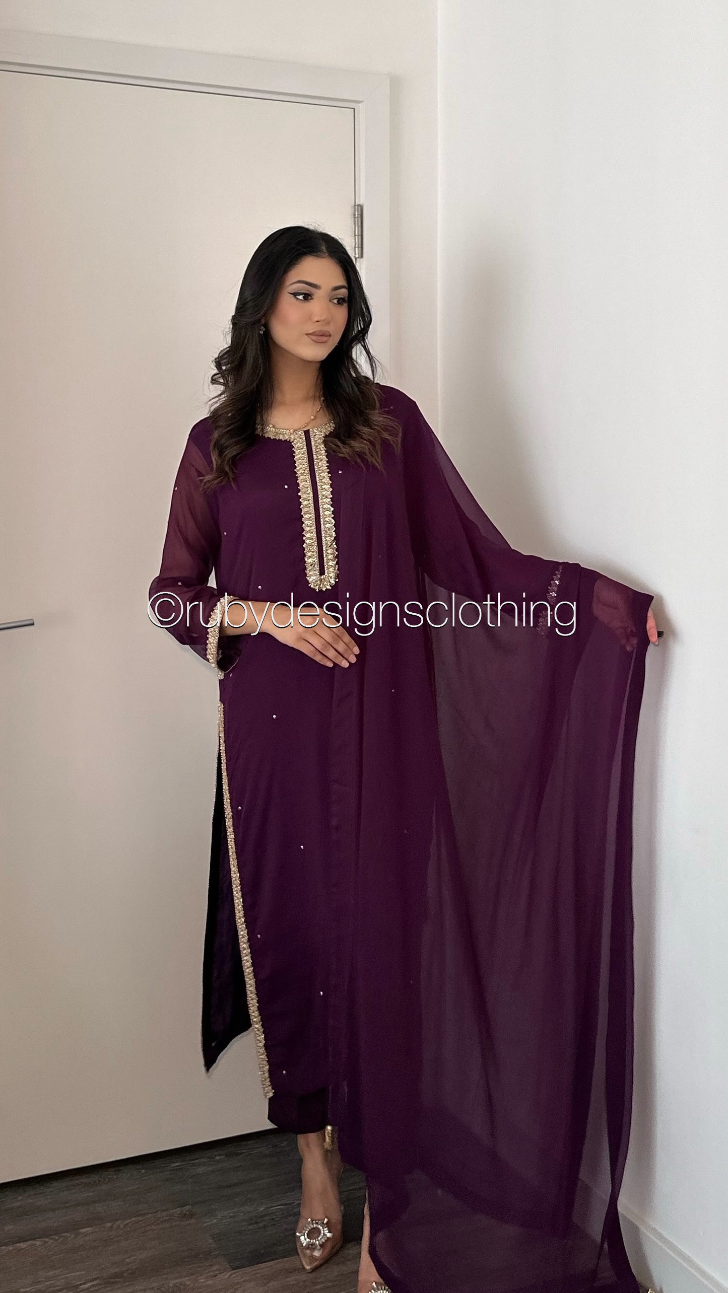 SARA Purple - 3 Piece Chiffon Suit with Pockets and Handwork (8069533958357)