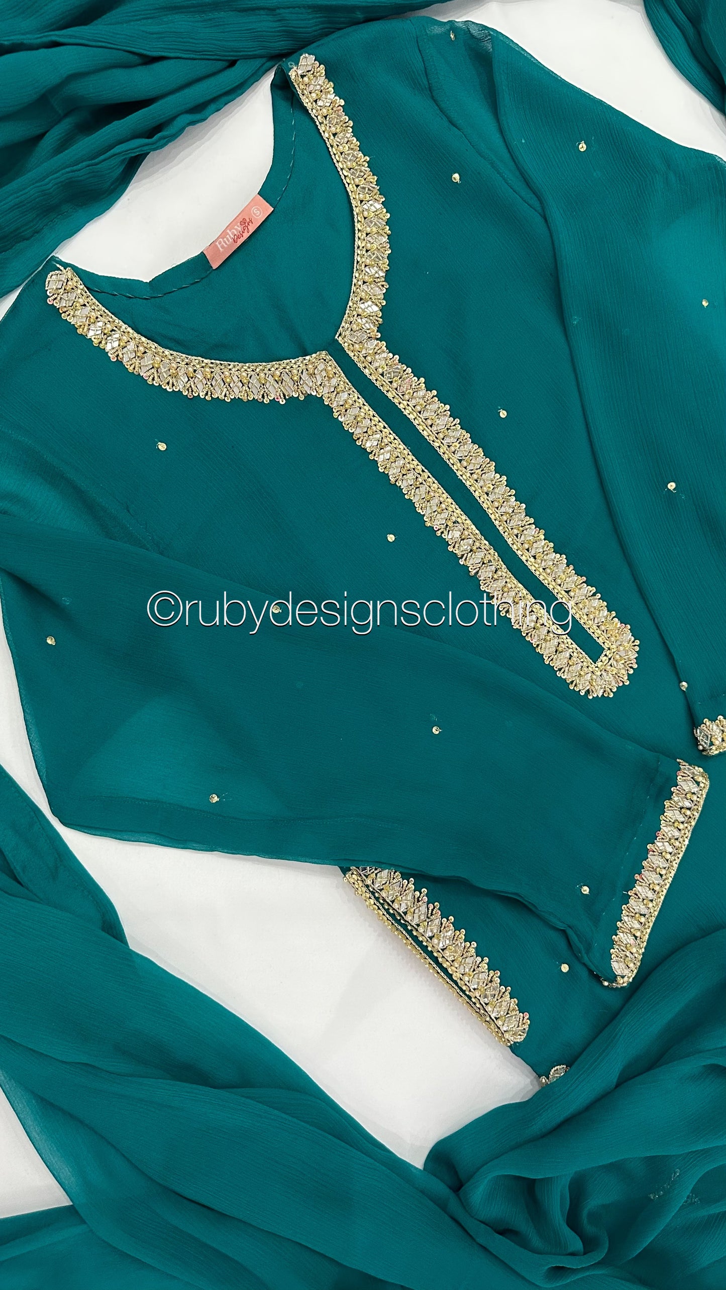 SARA Sea Green/Teal - 3 Piece Chiffon Suit with Pockets and Handwork (8069533630677)