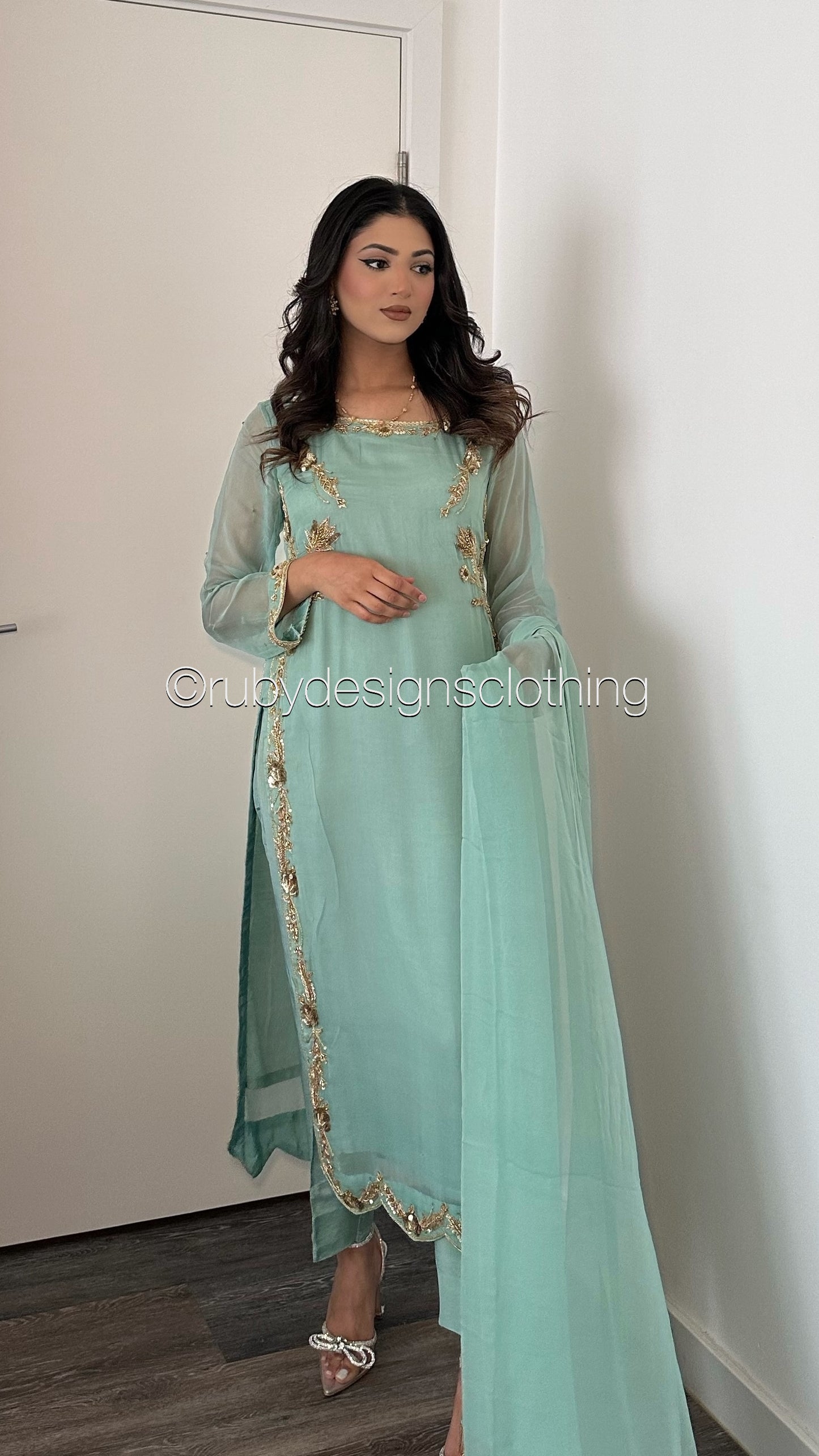 LIMITED EDITION SAMARA Mint - 3 Piece Chiffon Suit with Gold Hand Embellishment (8077672186069)