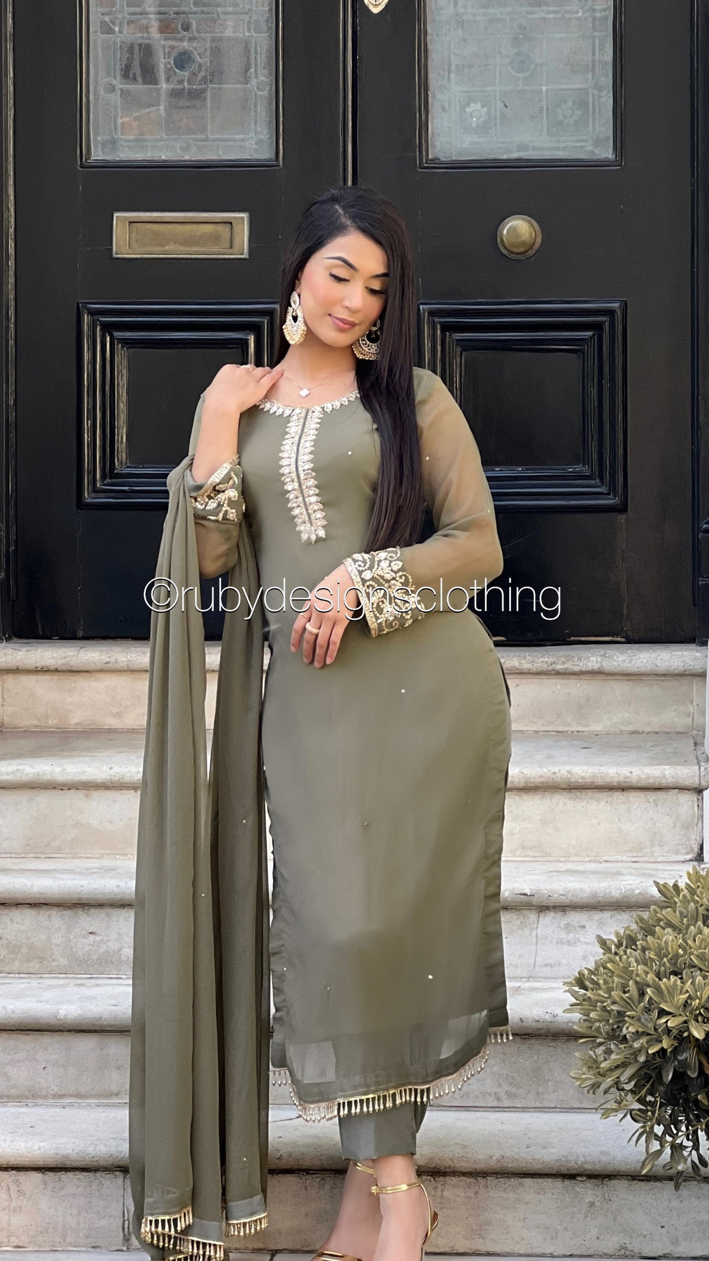 SOFIA Olive - 3 Piece Olive Chiffon Suit with Gold Handwork