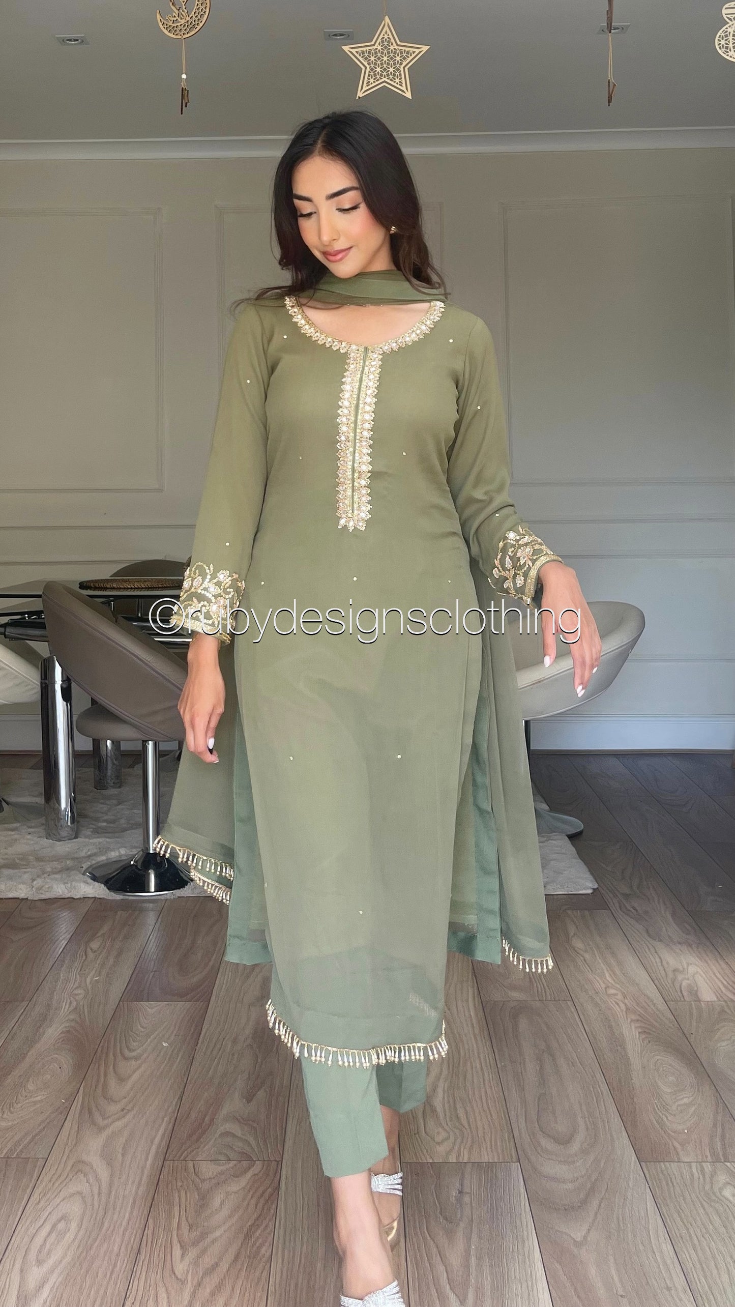 SOFIA Olive - 3 Piece Olive Chiffon Suit with Gold Handwork