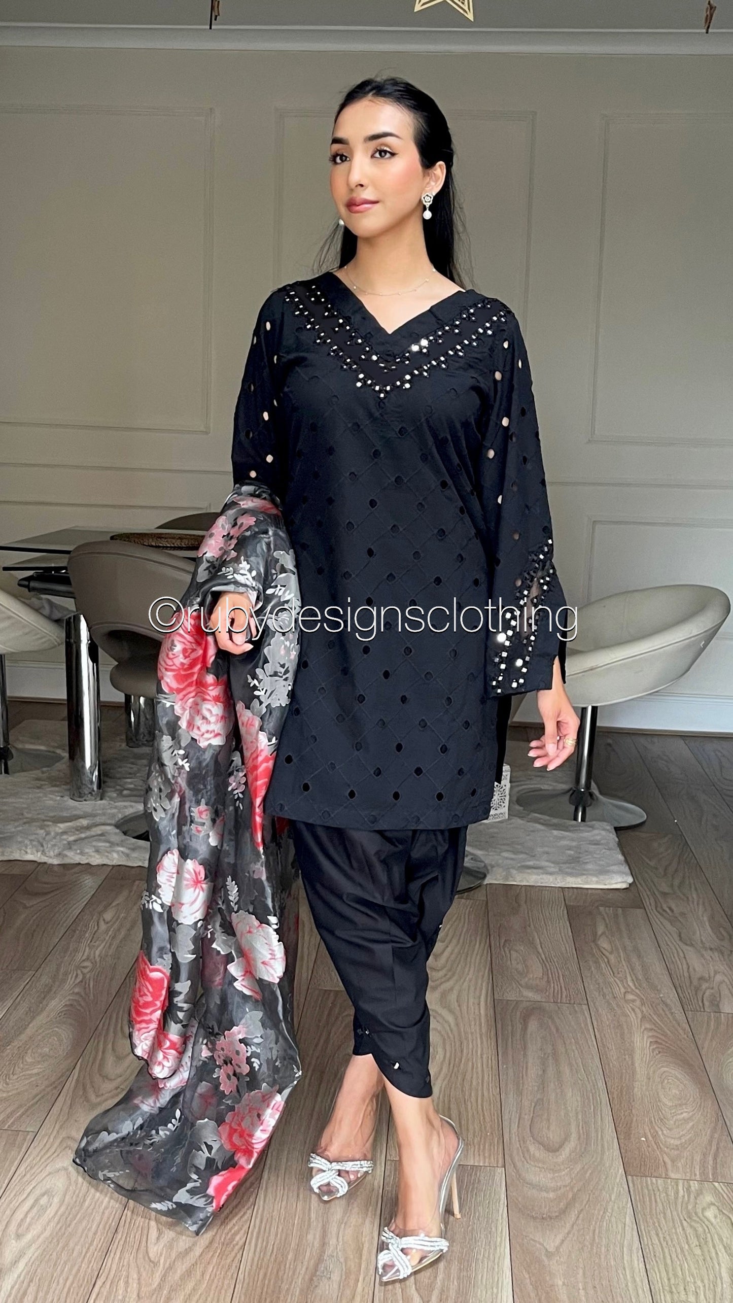 LEENA Black - 3 Piece Chikankari Suit with Tulip Shalwar (8066416312533)