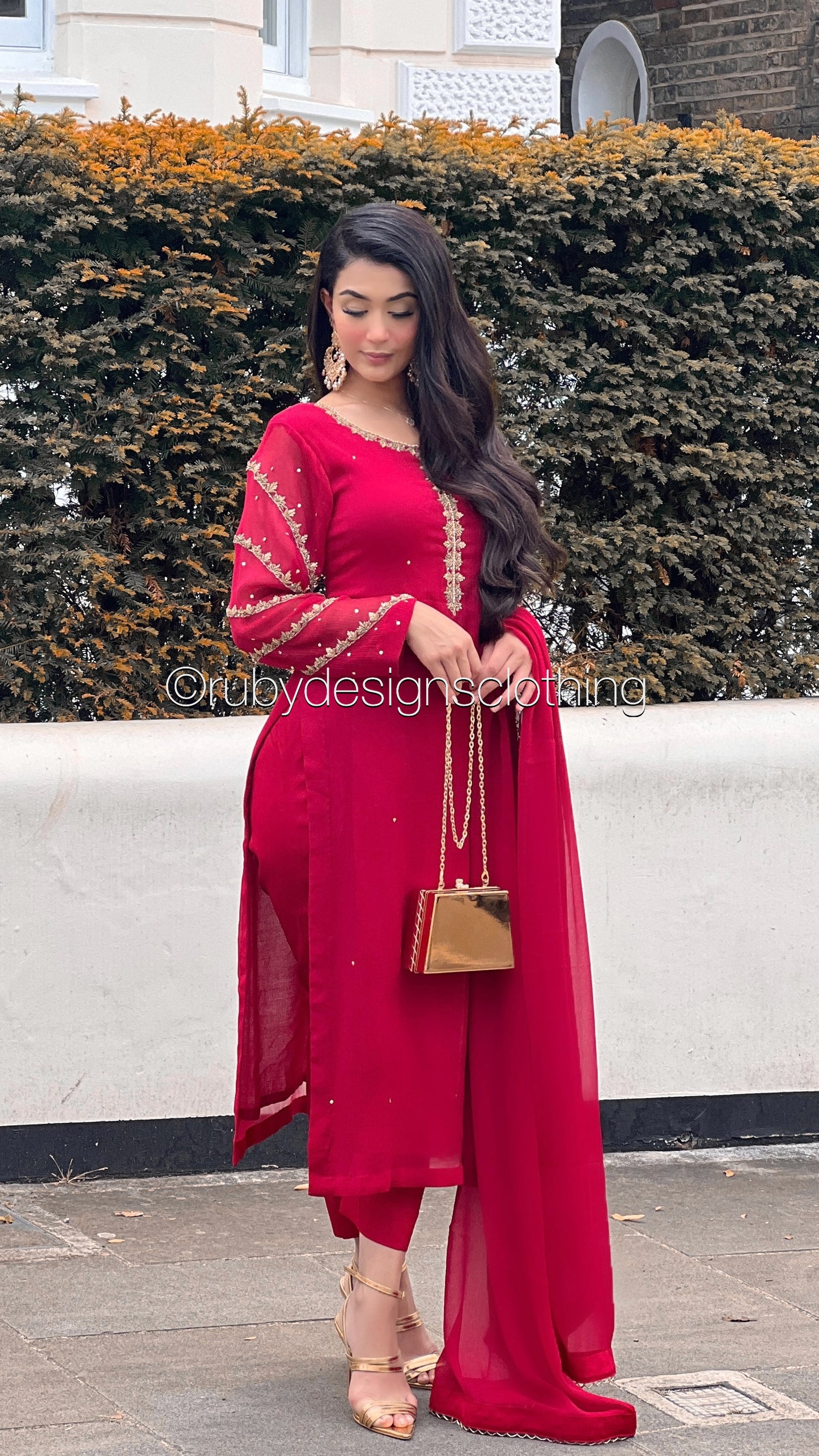 IRHA Red - 3 Piece Chiffon Suit with Gold Handwork (8068330946773)