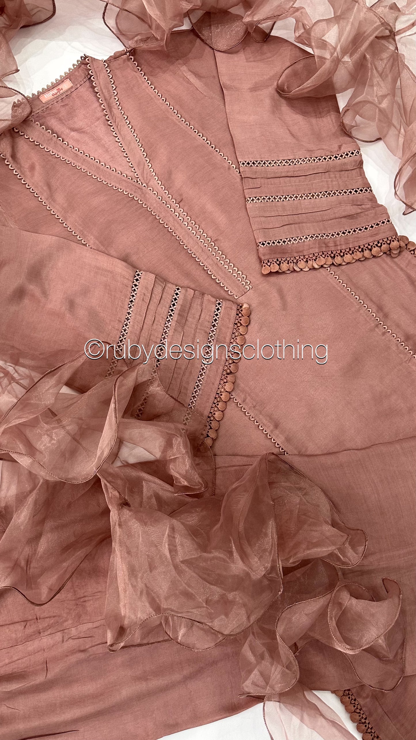 AYLA Rose - 3 Piece Dusty Pink Cotton Silk Suit with Ruffle Organza Dupatta