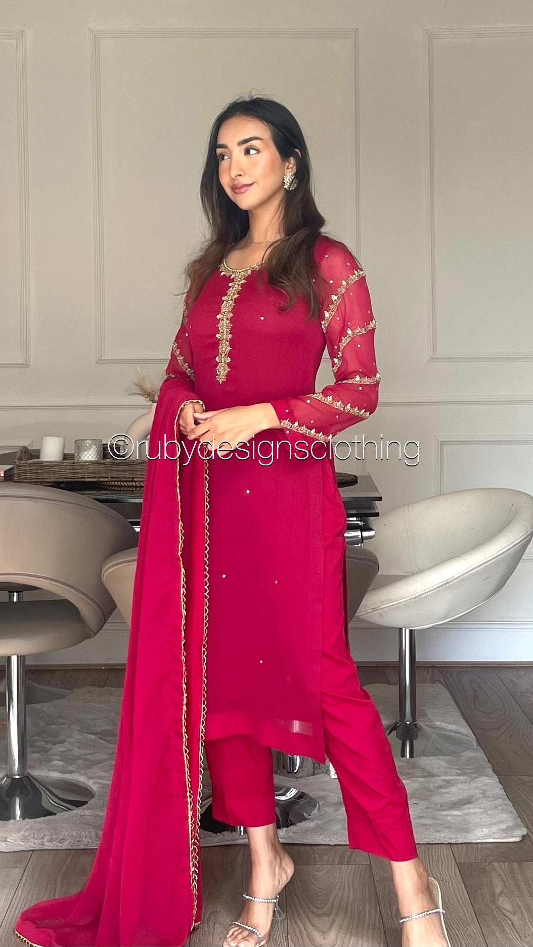 IRHA Red - 3 Piece Chiffon Suit with Gold Handwork (8068330946773)