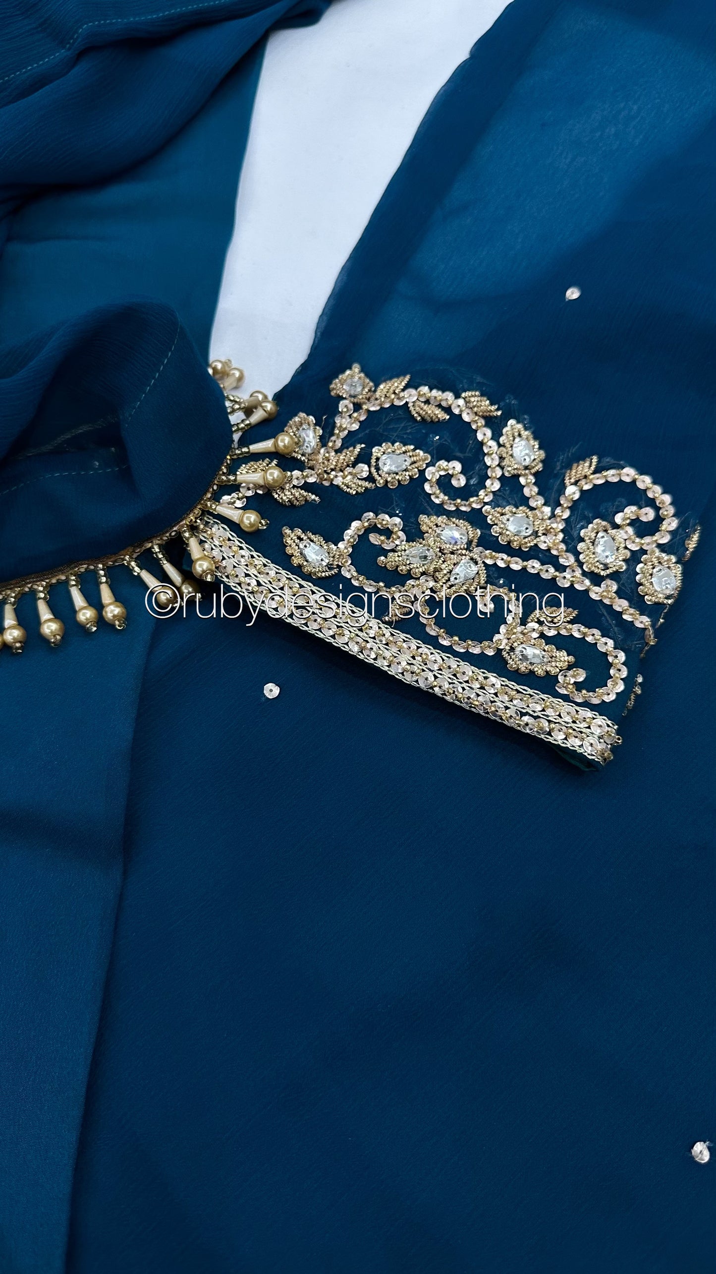 SOFIA Teal - 3 Piece Teal Chiffon Suit with Gold Handwork (8053043495125)