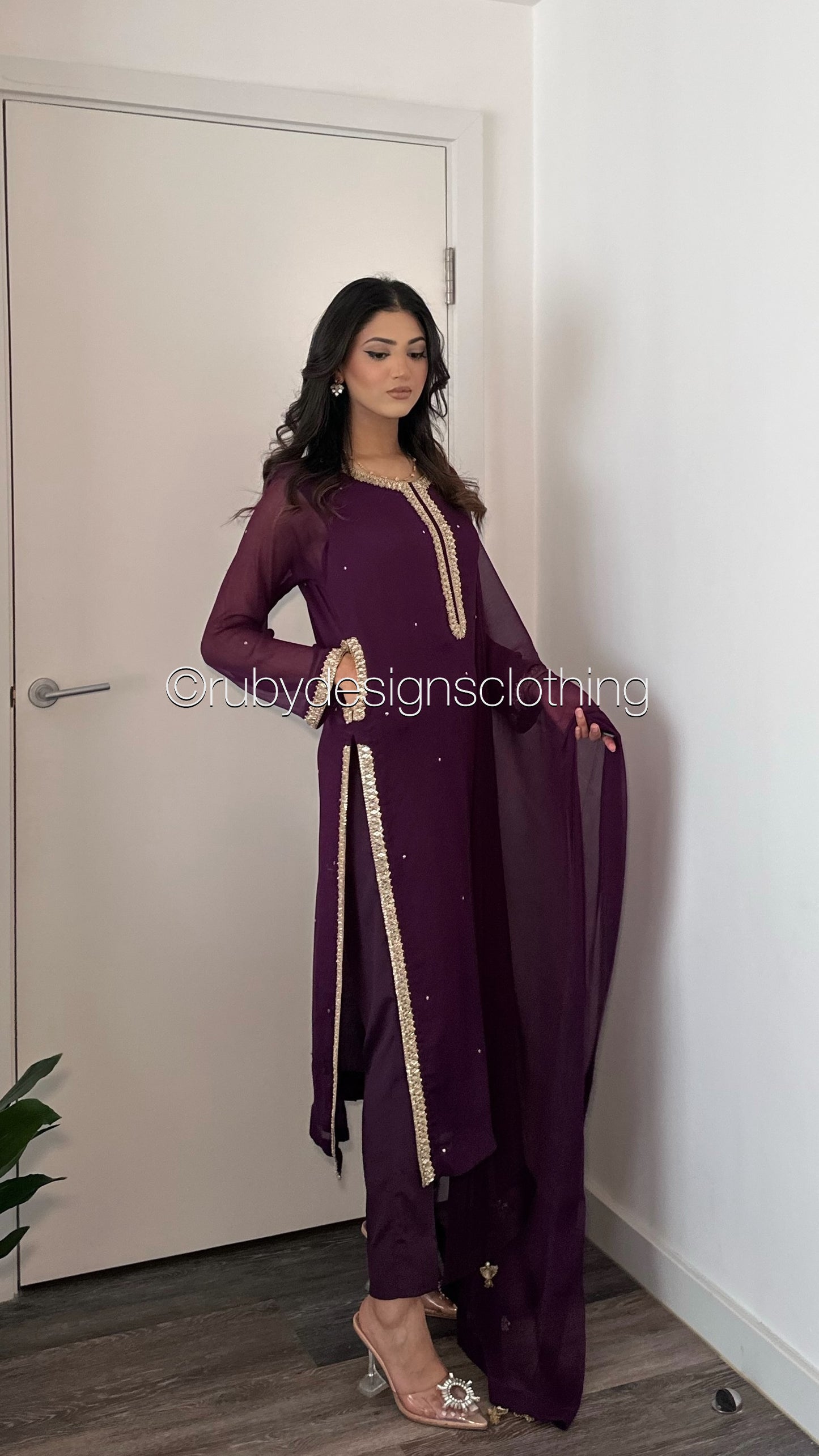 SARA Purple - 3 Piece Chiffon Suit with Pockets and Handwork (8069533958357)