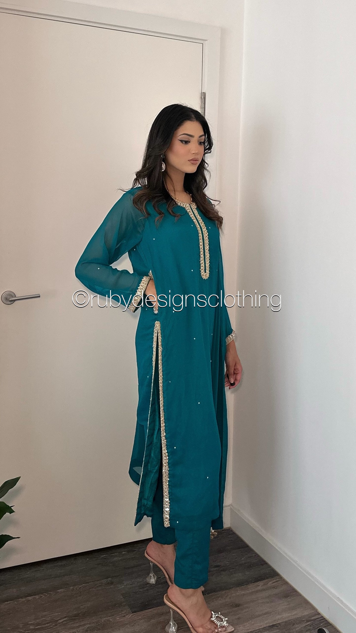 SARA Sea Green/Teal - 3 Piece Chiffon Suit with Pockets and Handwork (8069533630677)