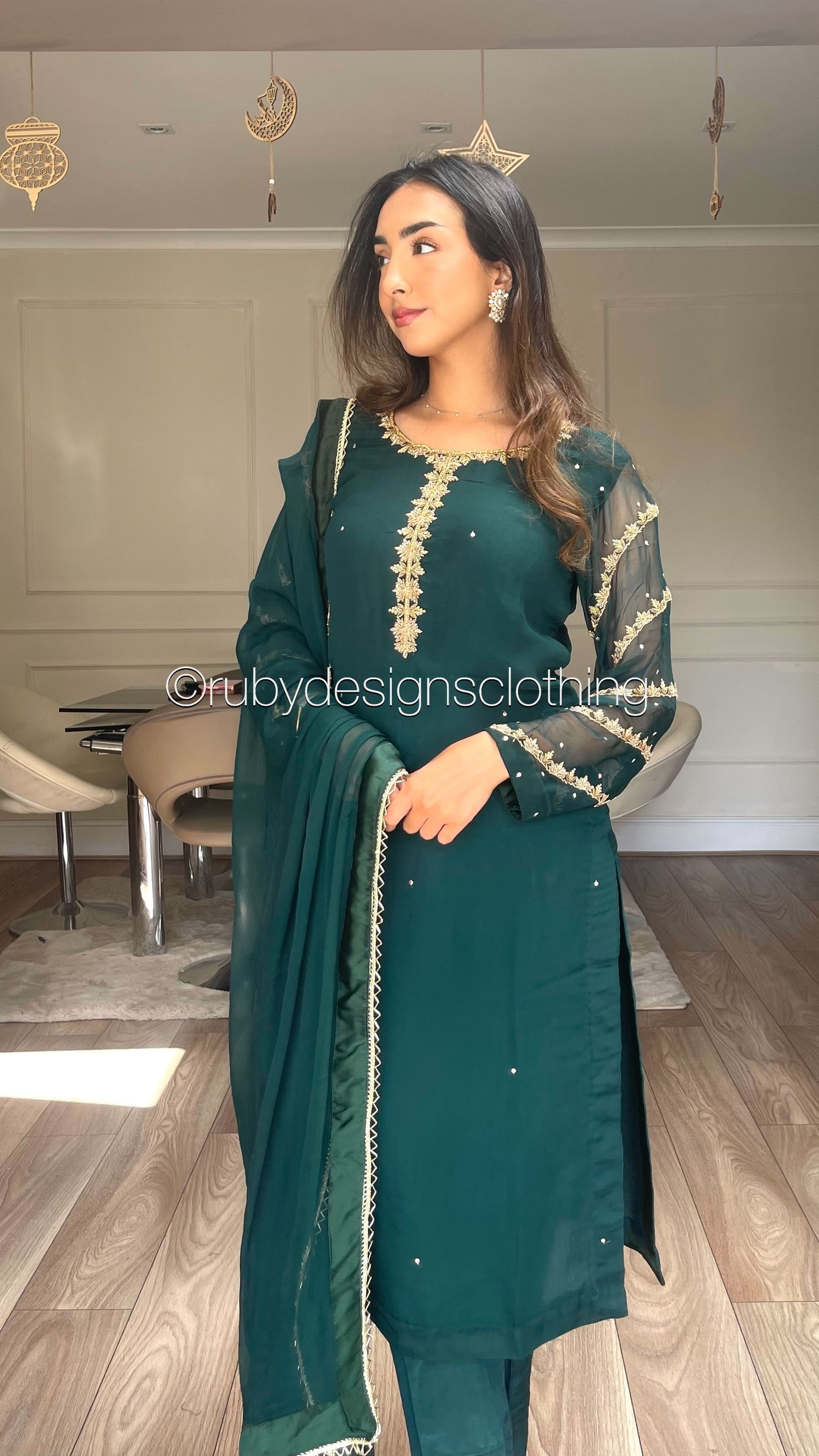 IRHA Emerald - 3 Piece Chiffon Suit with Gold Handwork (8068331077845)