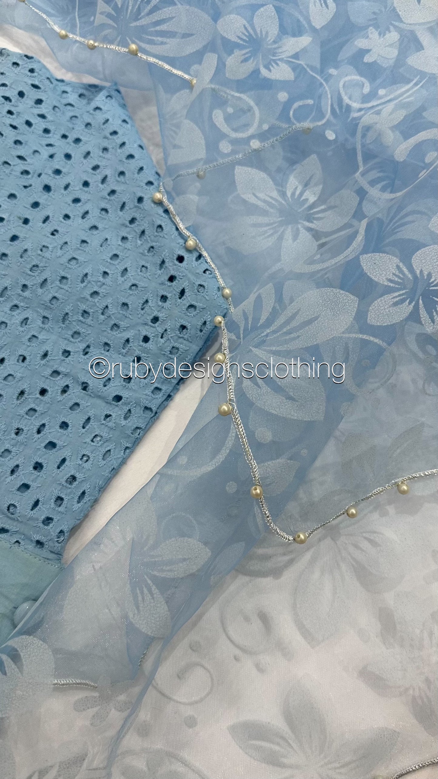 AZRA Blue - 3 Piece Blue Chikankari Suit with Floral Print Organza Dupatta (8066417393877) (8747713331413)