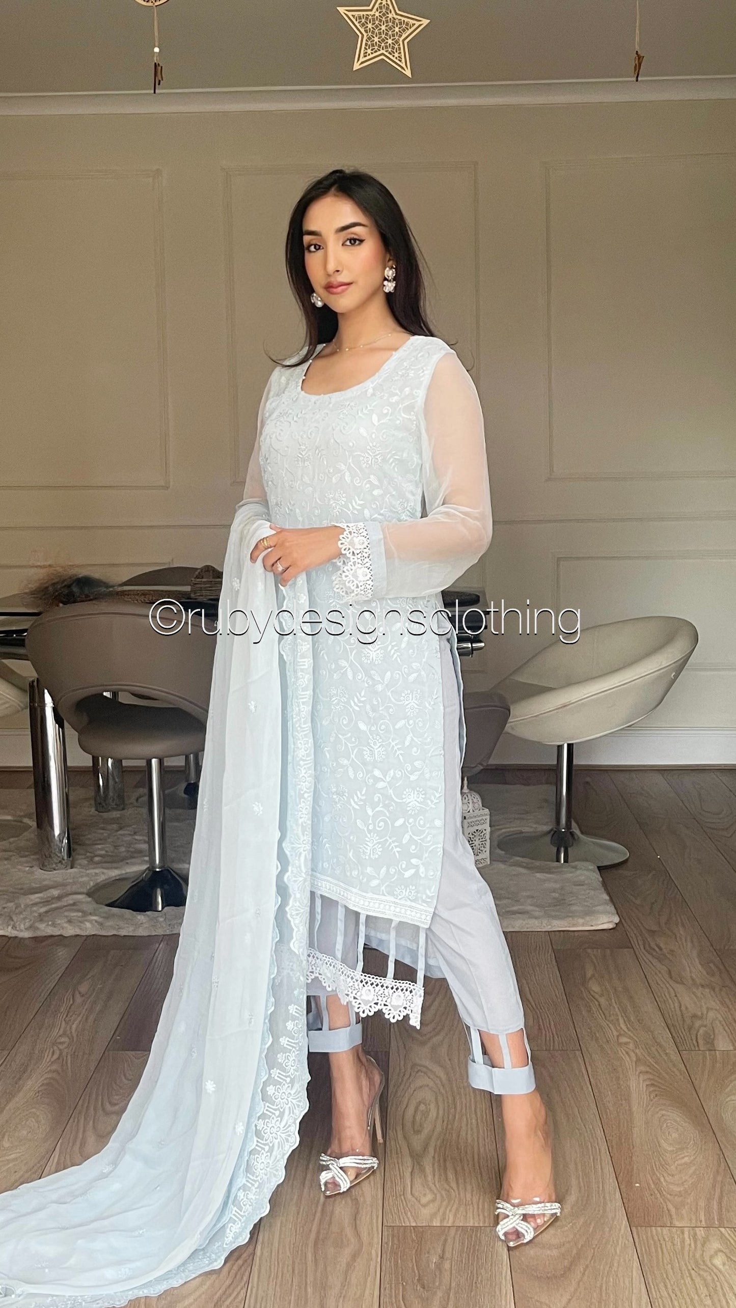 MEHER Blue - 3 Piece Embroidered Chiffon Suit with Cut Out Details (8060597436629) (8747701764309)