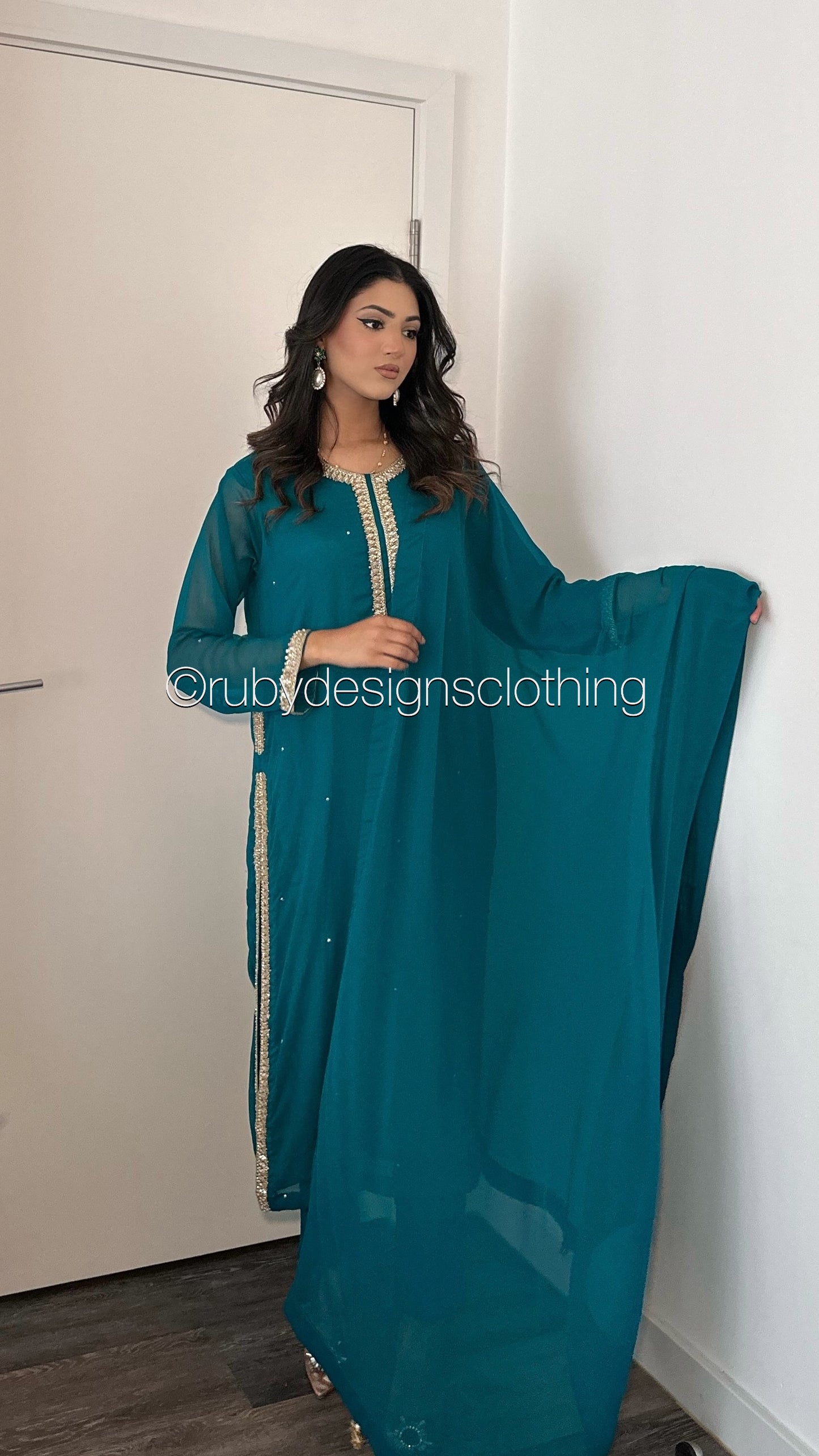 SARA Sea Green/Teal - 3 Piece Chiffon Suit with Pockets and Handwork (8069533630677)