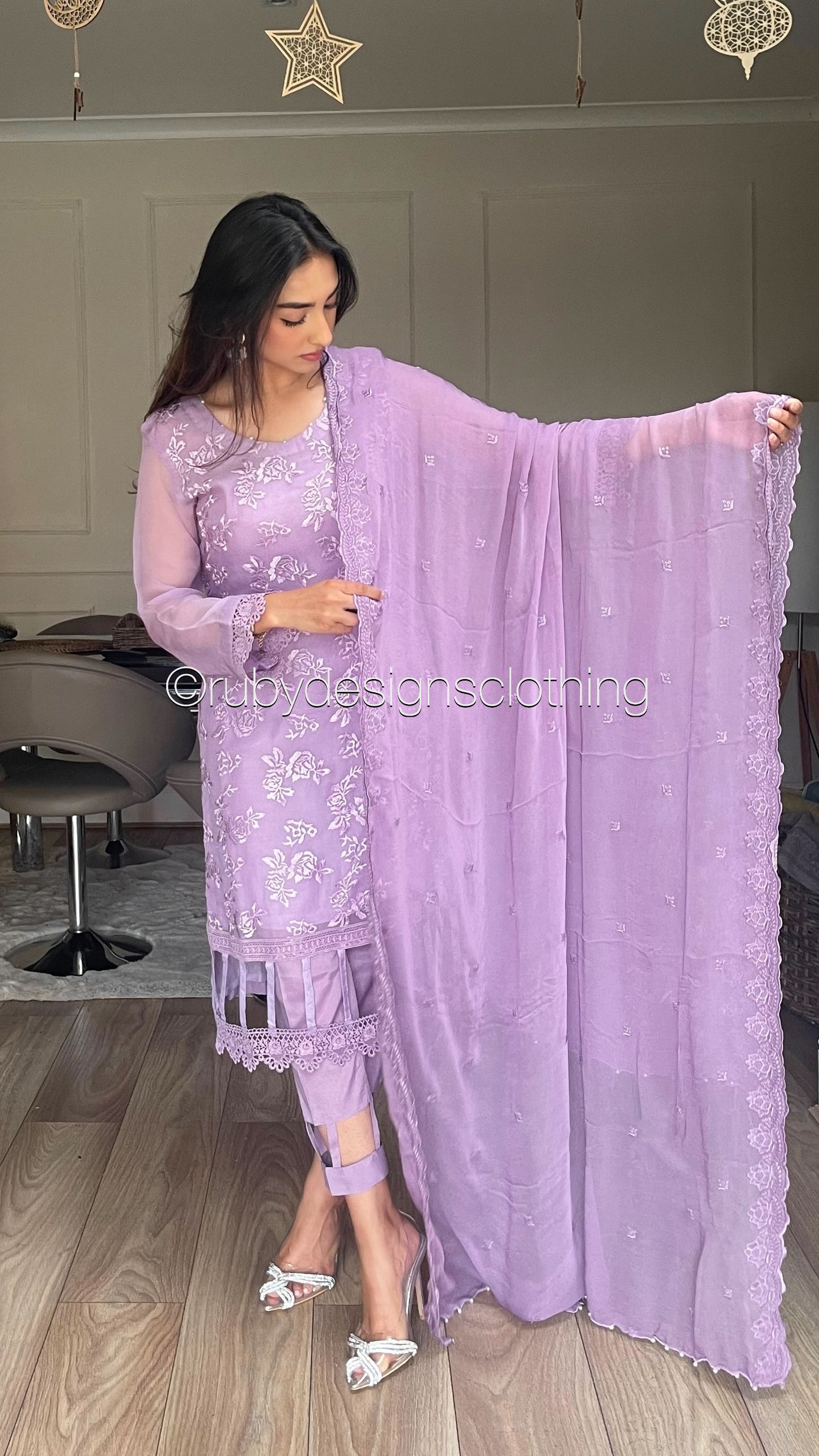 MEHER Lilac - 3 Piece Embroidered Chiffon Suit with Cut Out Details (8060594225365) (8747703861461)