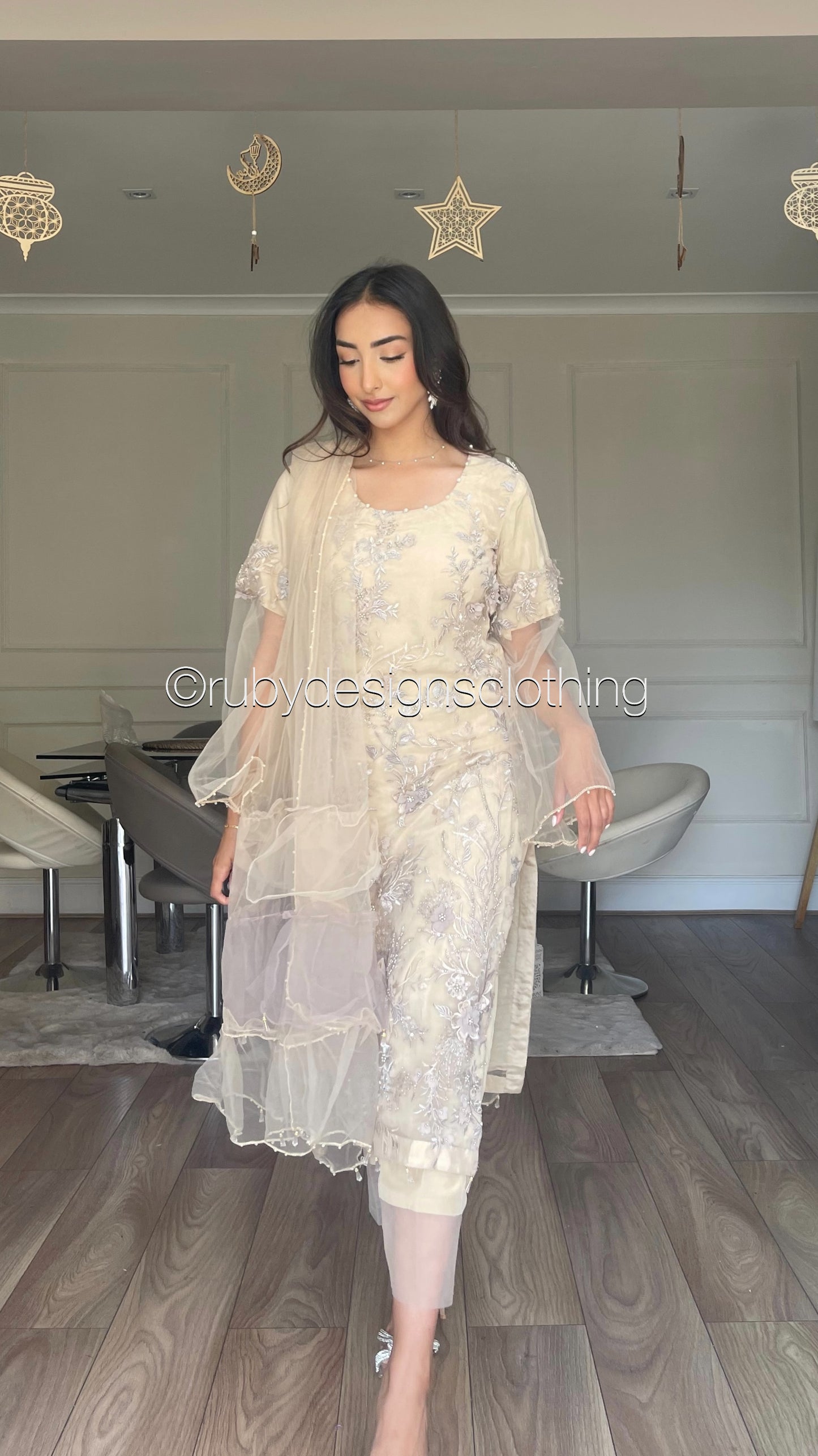 NOOR Ivory - 3 Piece Heavy Embroidered Net Suit with 3D Details (8059731280085)