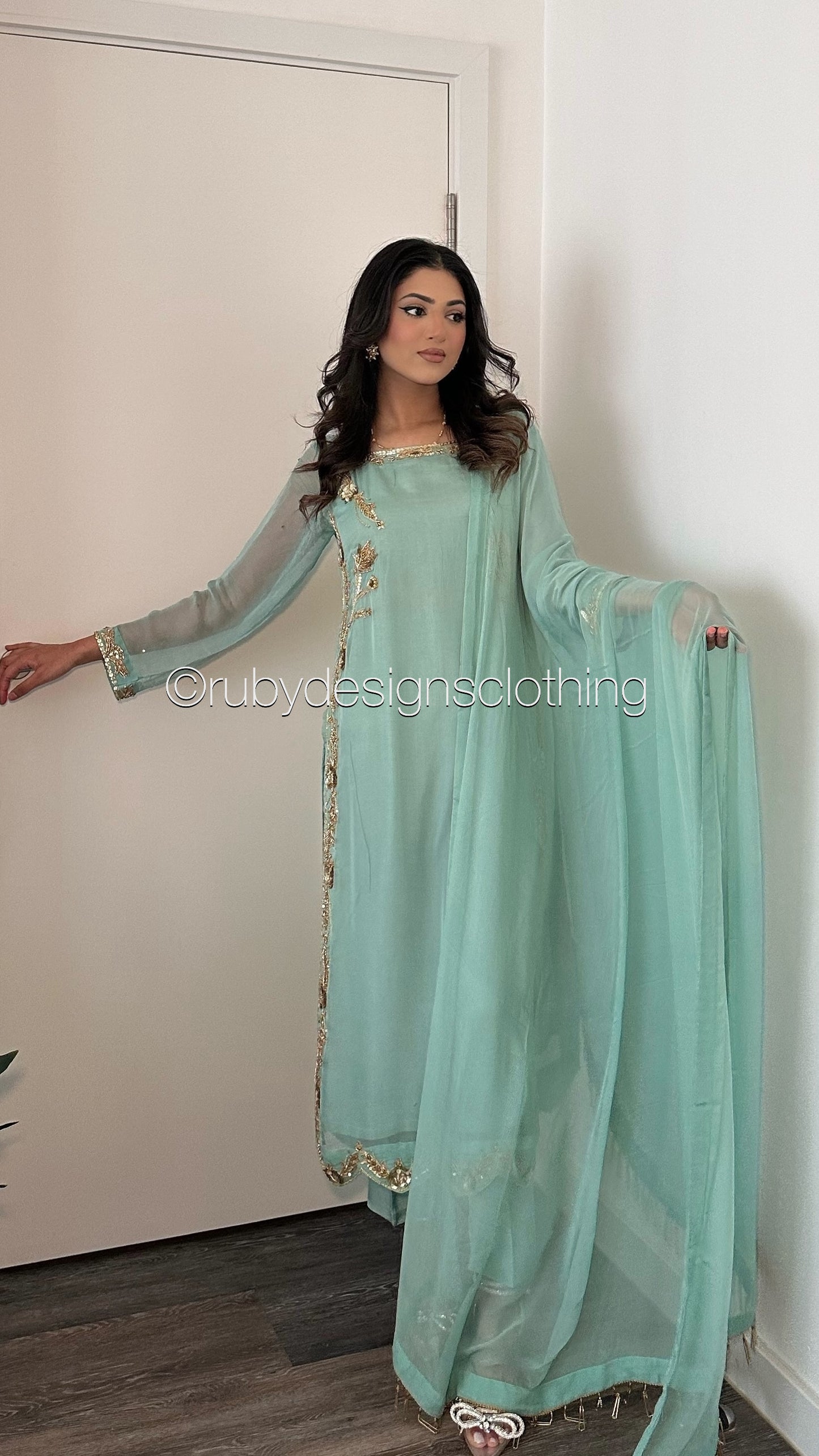 LIMITED EDITION SAMARA Mint - 3 Piece Chiffon Suit with Gold Hand Embellishment (8077672186069)