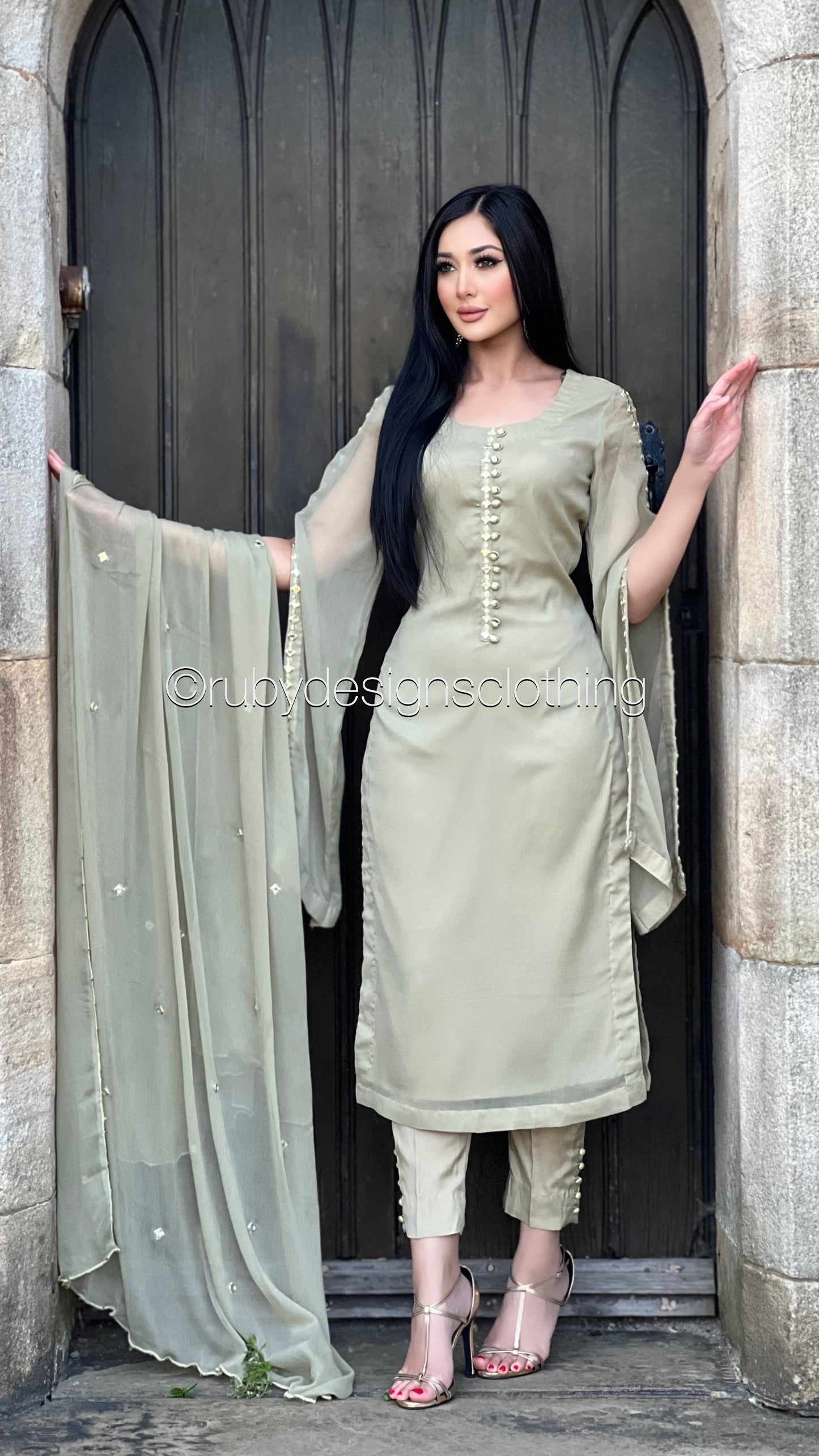 KAYRA Sage - 3 Piece Sage Chiffon Suit with Split Sleeve (8058949796053)