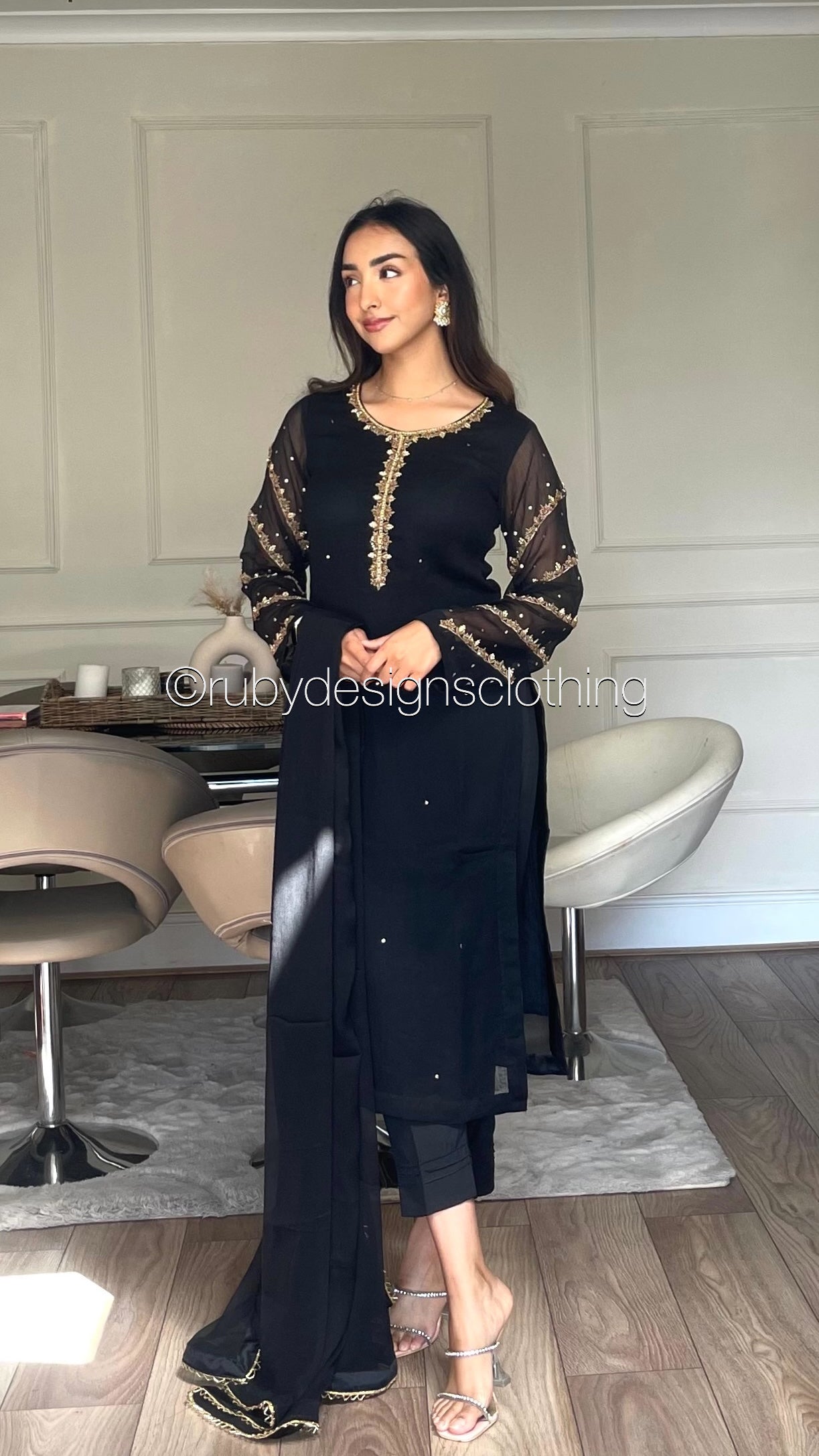 IRHA Black - 3 Piece Chiffon Suit with Gold Handwork (8068330979541)