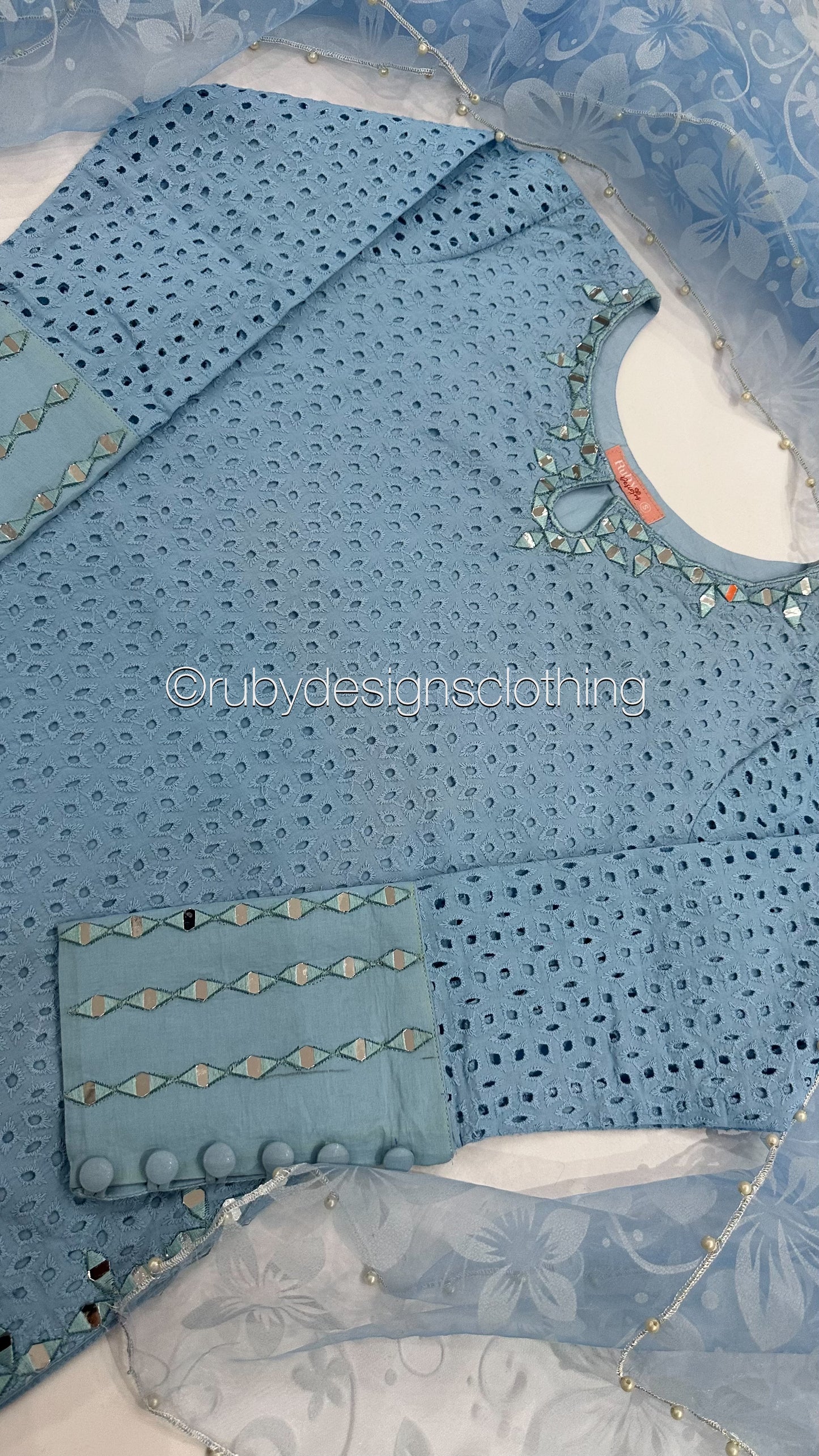 AZRA Blue - 3 Piece Blue Chikankari Suit with Floral Print Organza Dupatta (8066417393877) (8747713331413)