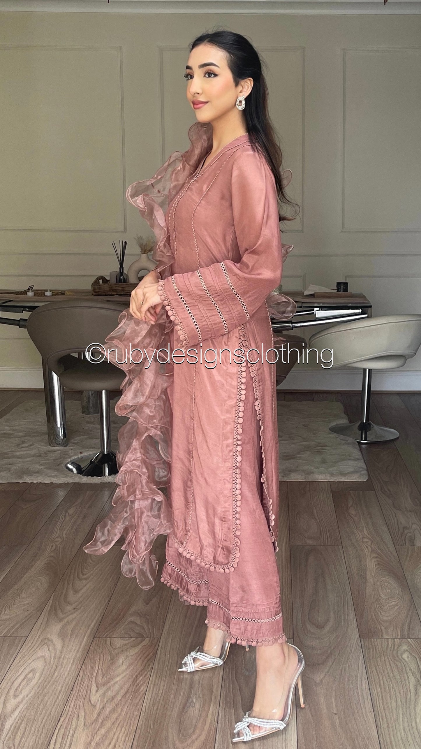 AYLA Rose - 3 Piece Dusty Pink Cotton Silk Suit with Ruffle Organza Dupatta (8028375548117) (8747712053461)