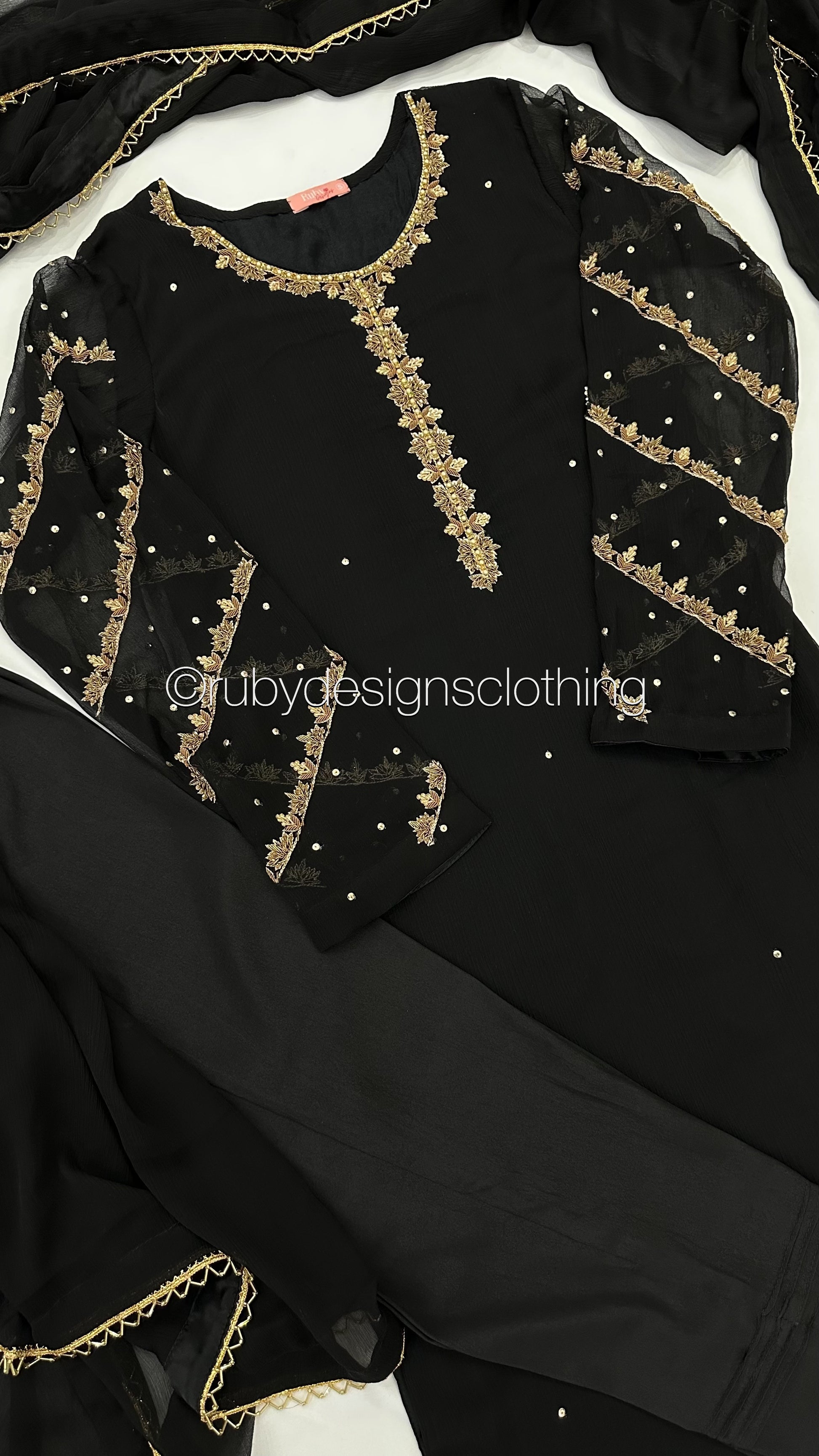 IRHA Black - 3 Piece Chiffon Suit with Gold Handwork (8068330979541)