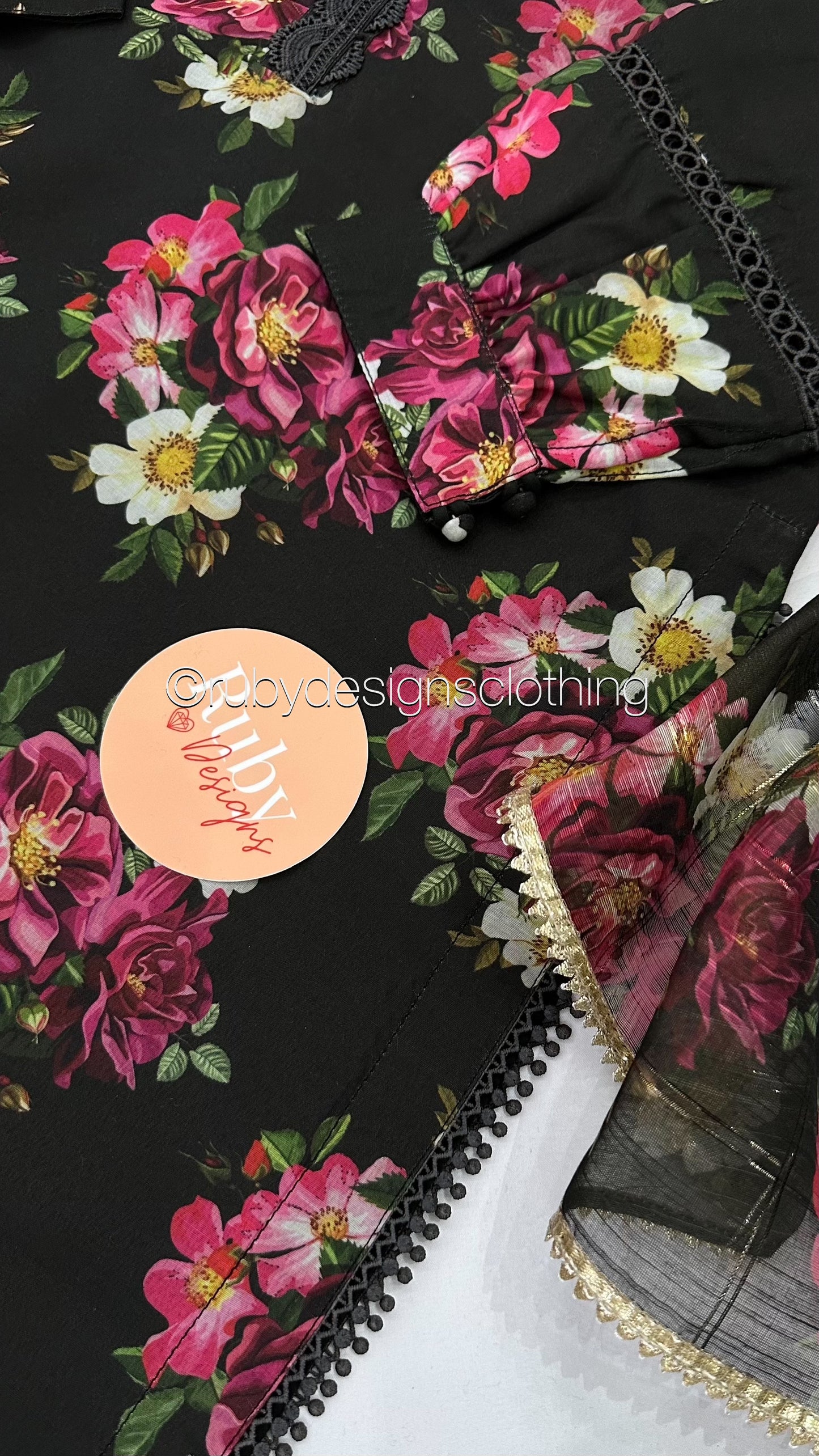AFSHEEN Black - 3 Piece Black Floral Print Swiss Lawn Suit with Organza Dupatta (8034682962133)