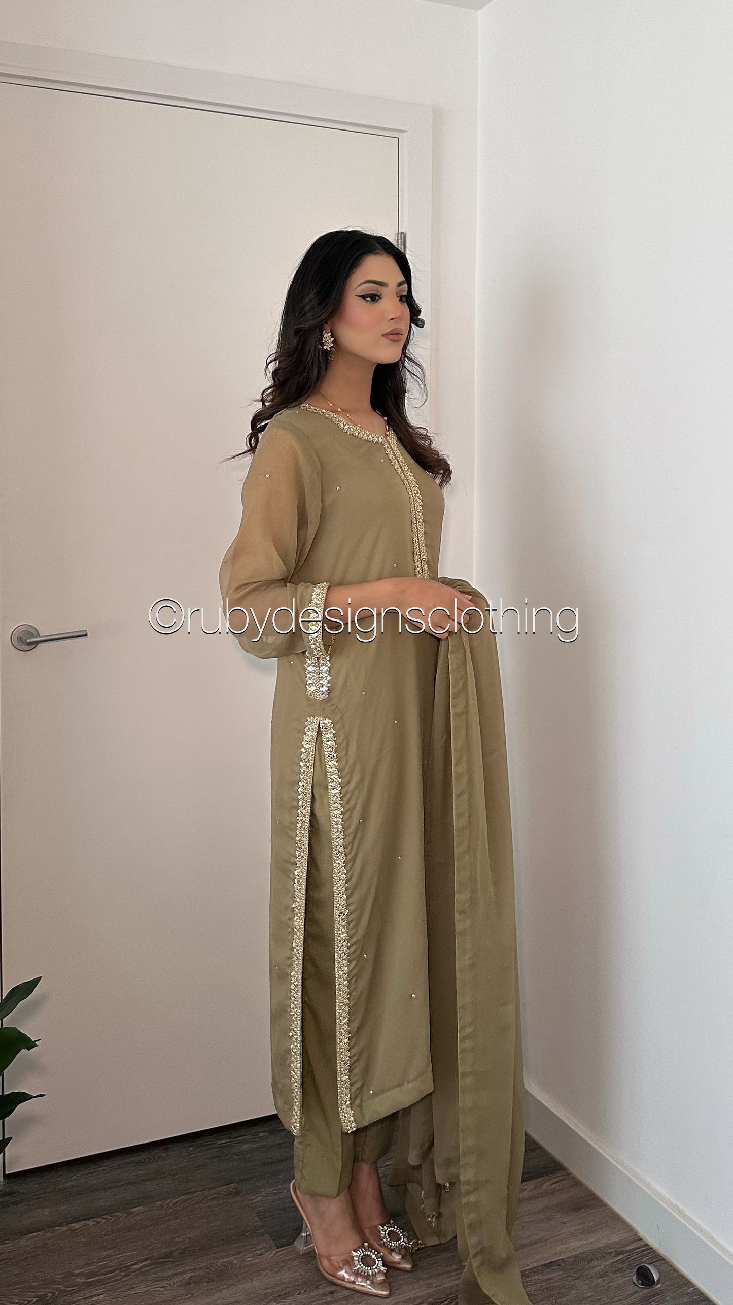 SARA Olive - 3 Piece Chiffon Suit with Pockets and Handwork (8069534089429)