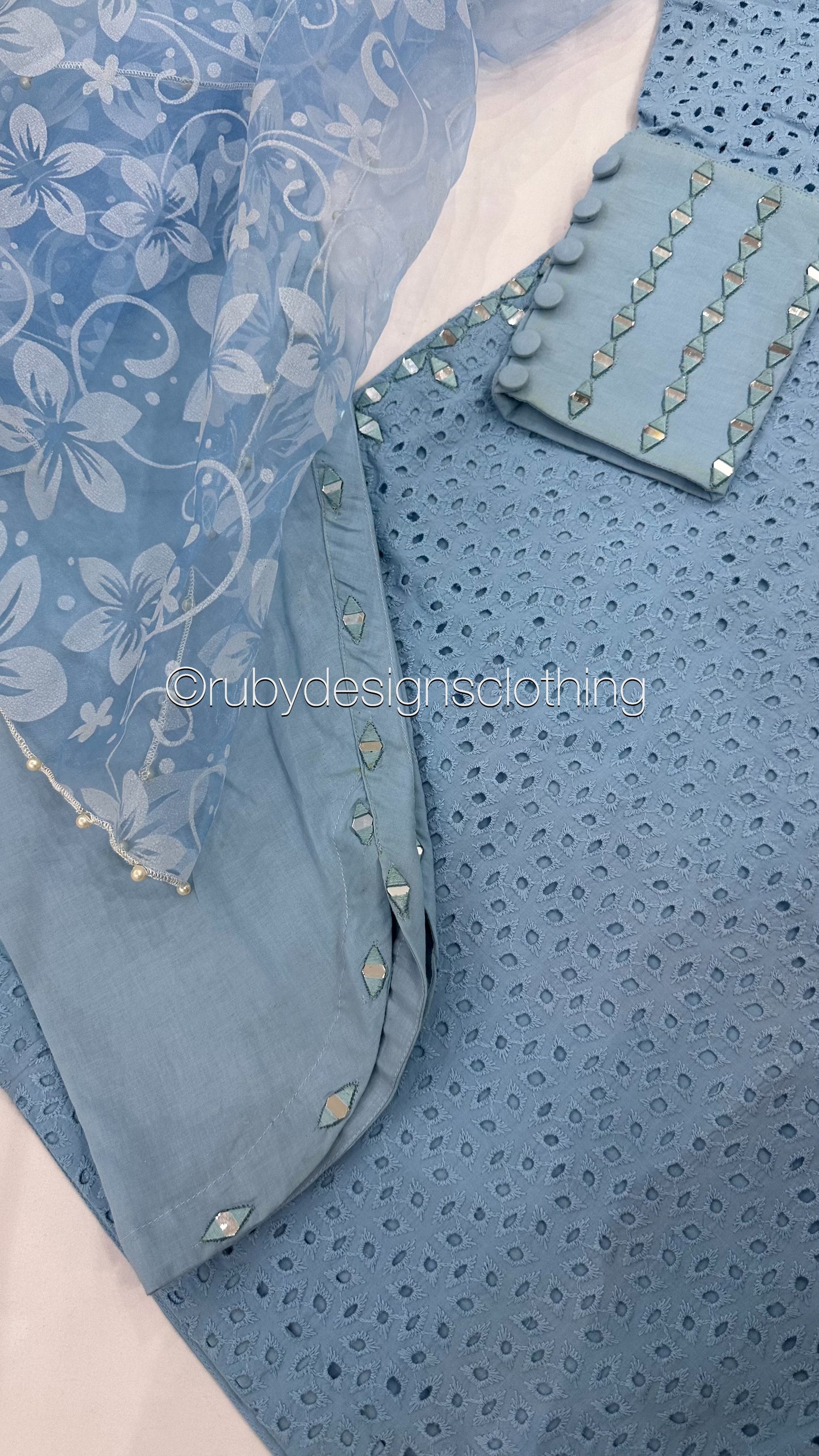 AZRA Blue - 3 Piece Blue Chikankari Suit with Floral Print Organza Dupatta (8066417393877) (8747713331413)