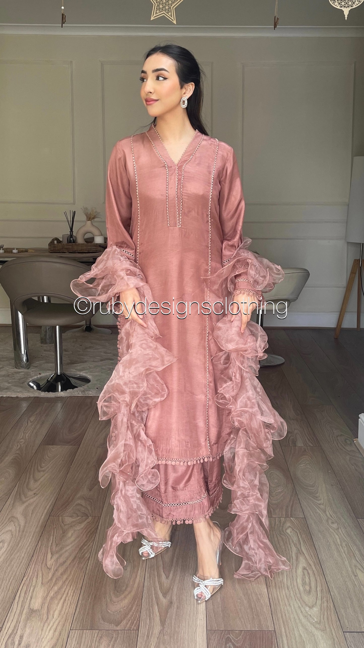 AYLA Rose - 3 Piece Dusty Pink Cotton Silk Suit with Ruffle Organza Dupatta