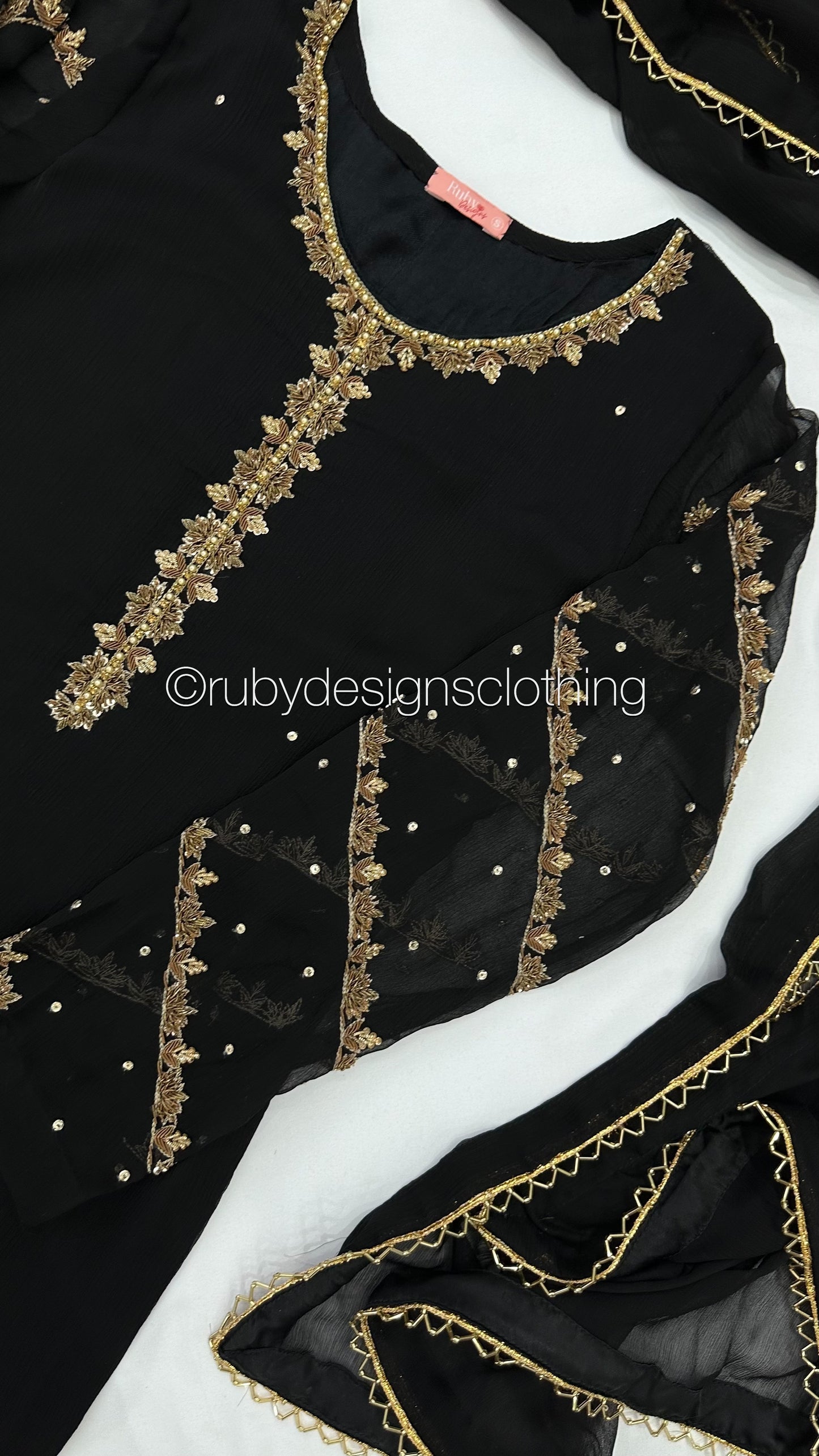 IRHA Black - 3 Piece Chiffon Suit with Gold Handwork (8068330979541)