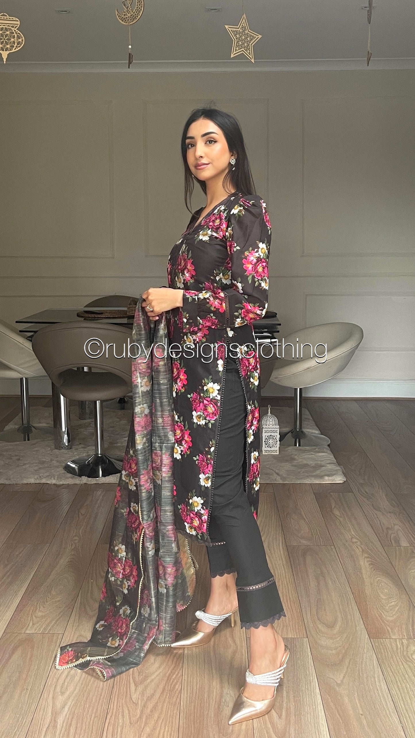 AFSHEEN Black - 3 Piece Black Floral Print Swiss Lawn Suit with Organza Dupatta