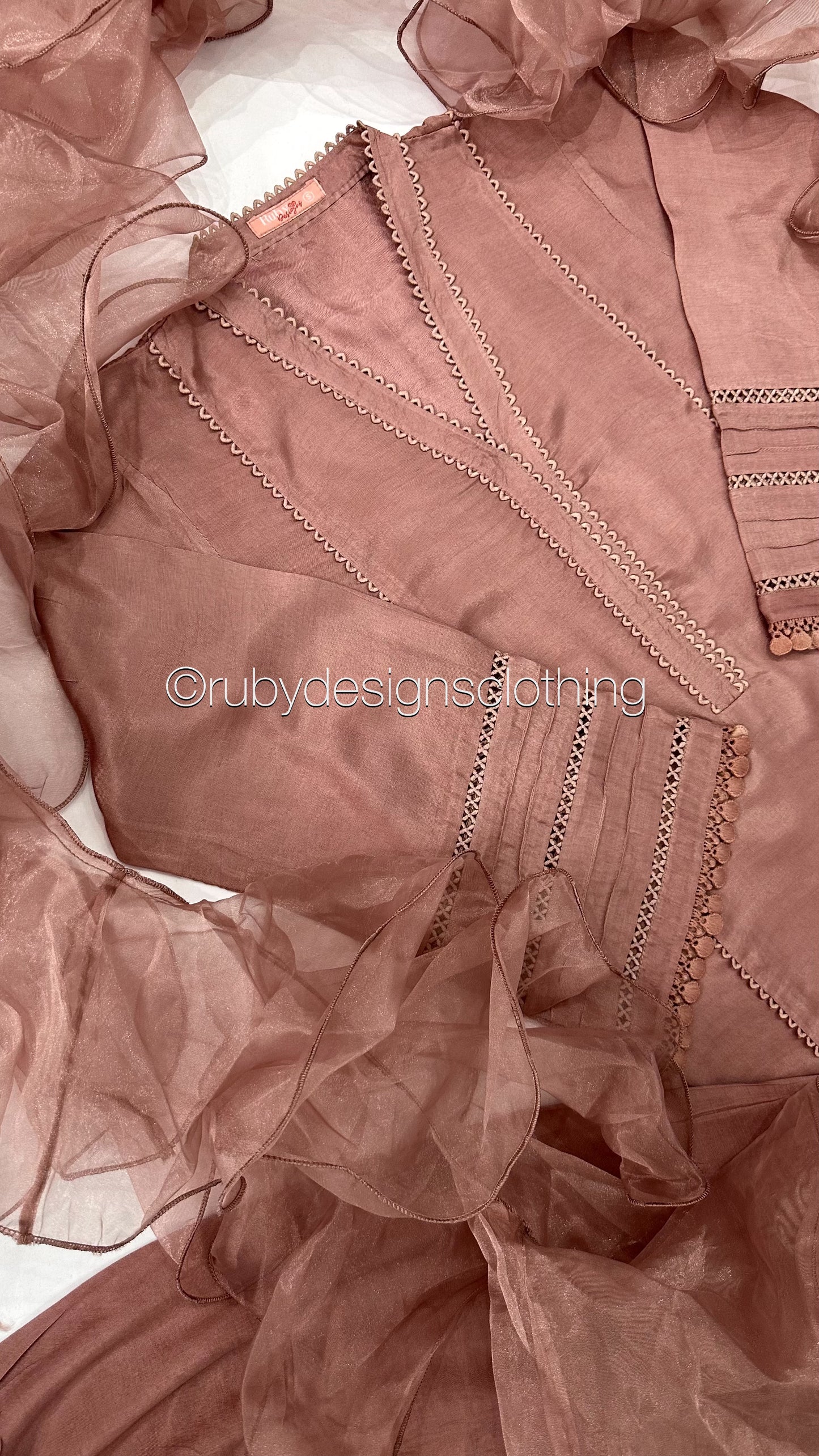 AYLA Rose - 3 Piece Dusty Pink Cotton Silk Suit with Ruffle Organza Dupatta