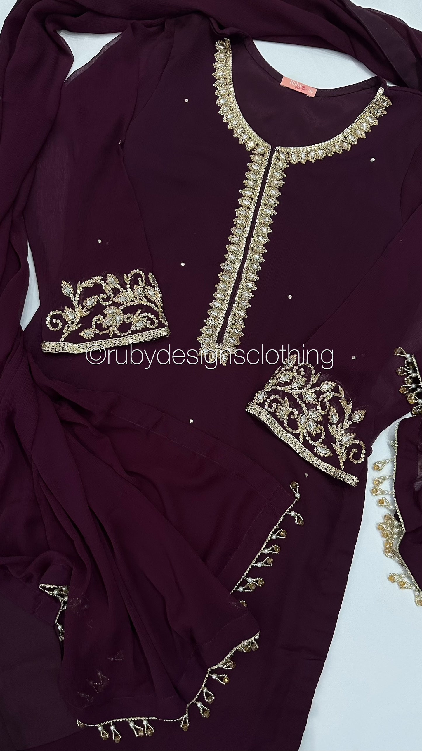 SOFIA Plum - 3 Piece Plum Chiffon Suit with Gold Handwork (8053043691733)