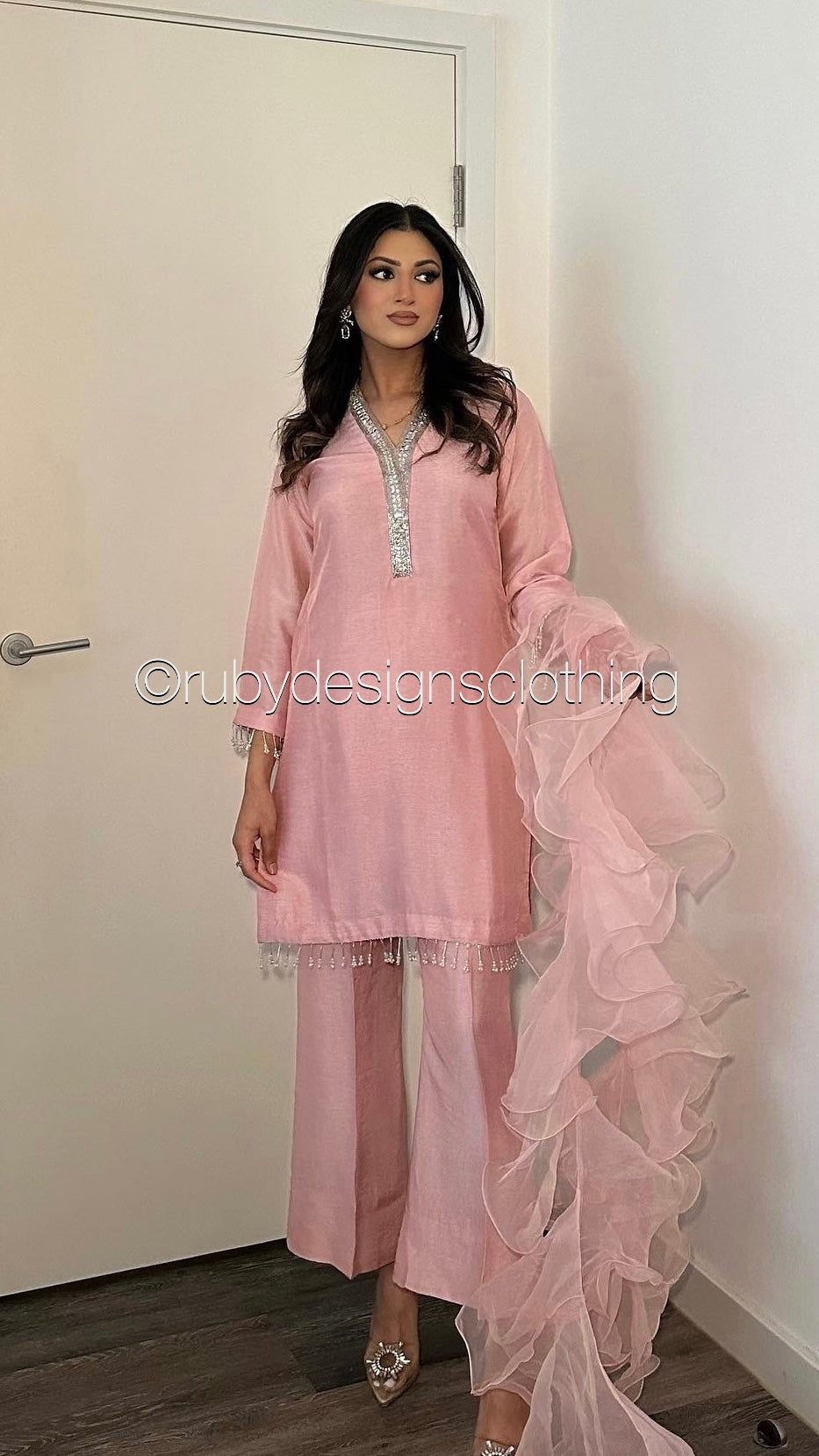 SABEEN Rose - 3 Piece Rose Pink Raw Silk Suit with Ruffle Dupatta (8059725611221)