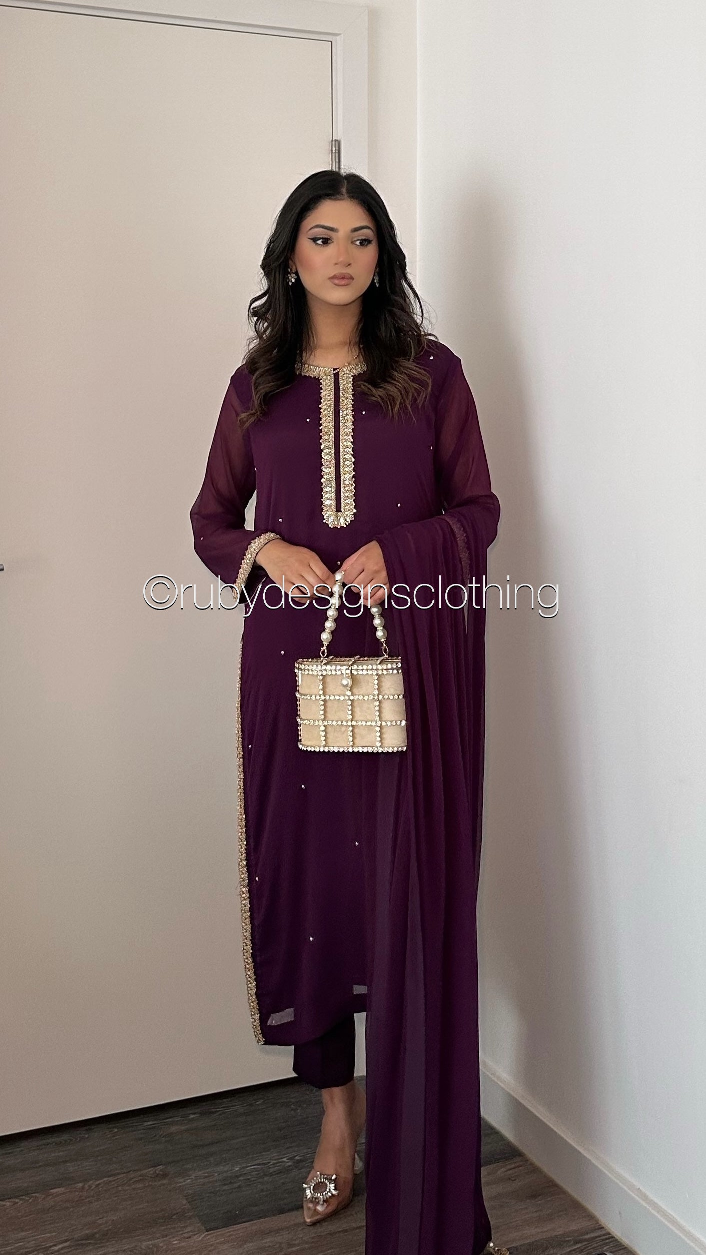 SARA Purple - 3 Piece Chiffon Suit with Pockets and Handwork (8069533958357)