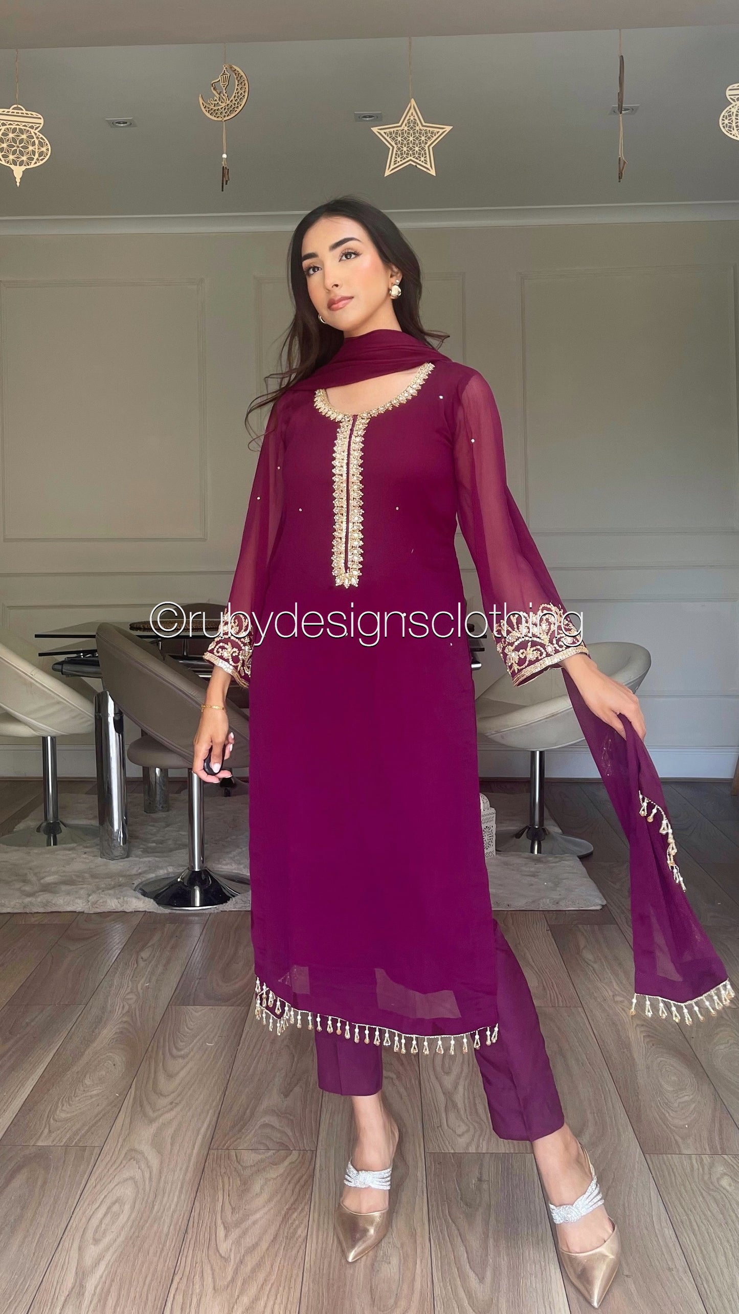 SOFIA Plum - 3 Piece Plum Chiffon Suit with Gold Handwork (8053043691733)