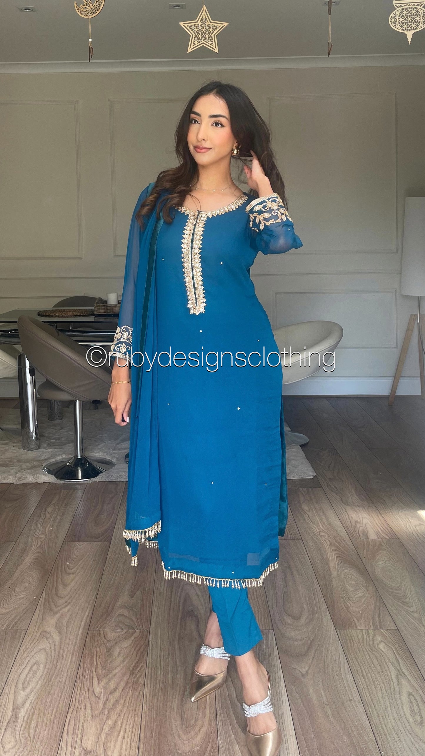 SOFIA Teal - 3 Piece Teal Chiffon Suit with Gold Handwork (8053043495125)