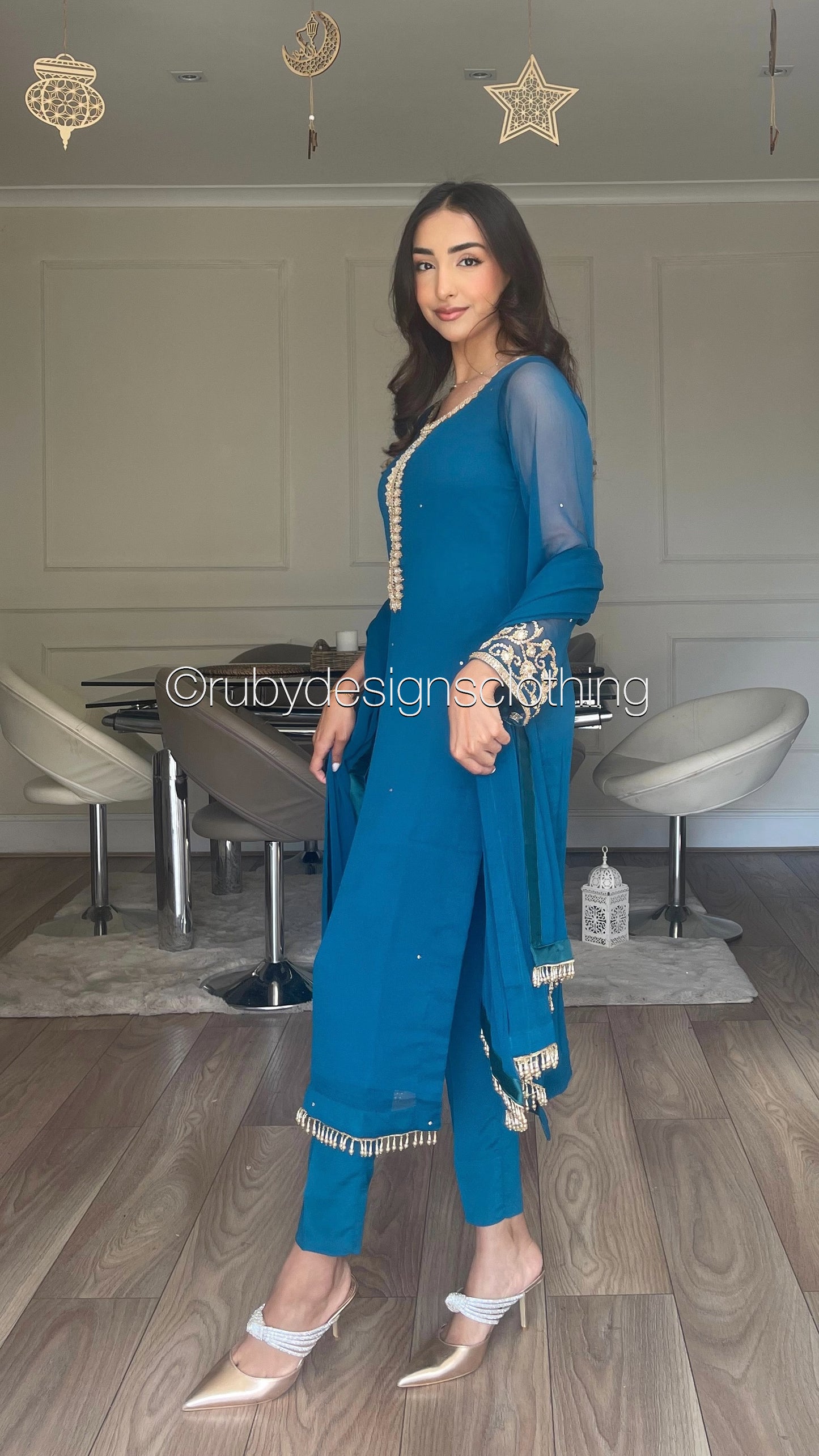 SOFIA Teal - 3 Piece Teal Chiffon Suit with Gold Handwork (8053043495125)