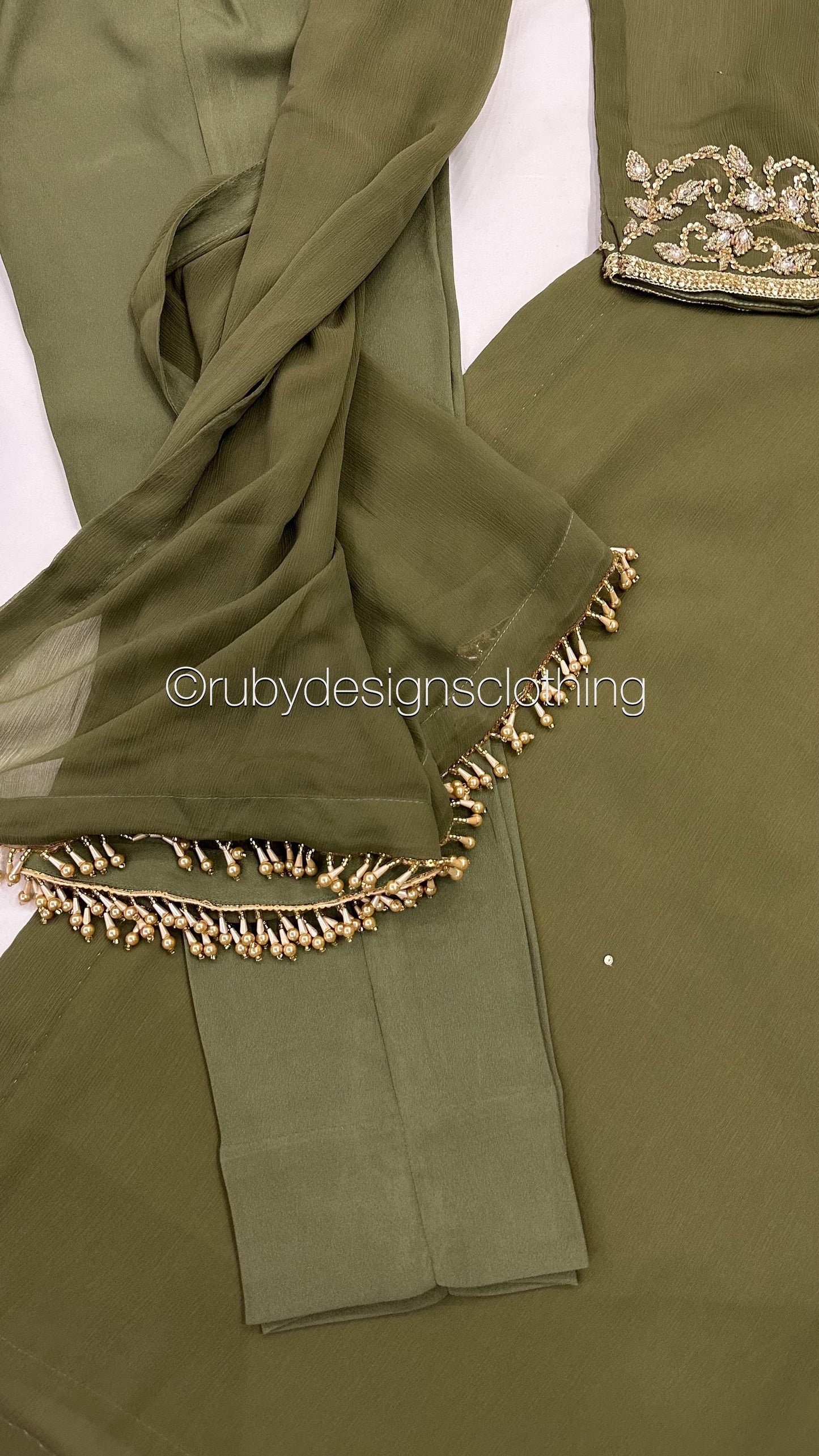 SOFIA Olive - 3 Piece Olive Chiffon Suit with Gold Handwork (8053043888341)