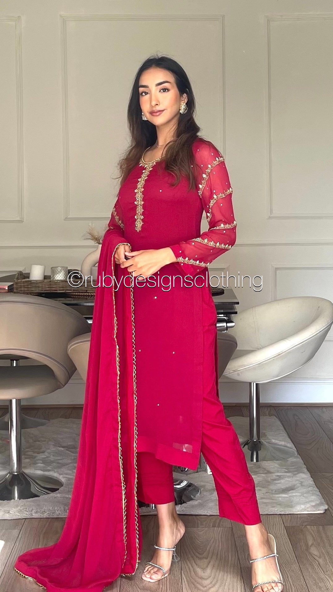 IRHA Red - 3 Piece Chiffon Suit with Gold Handwork (8068330946773)