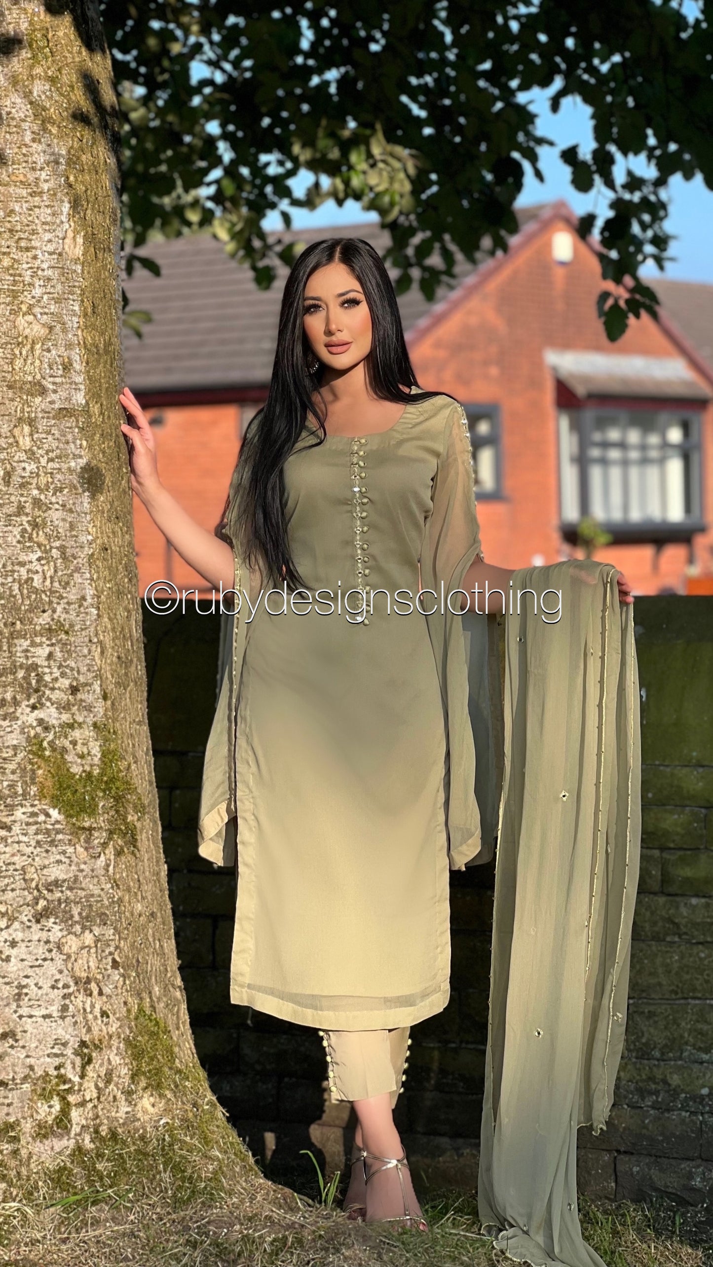 KAYRA Sage - 3 Piece Sage Chiffon Suit with Split Sleeve (8058949796053)