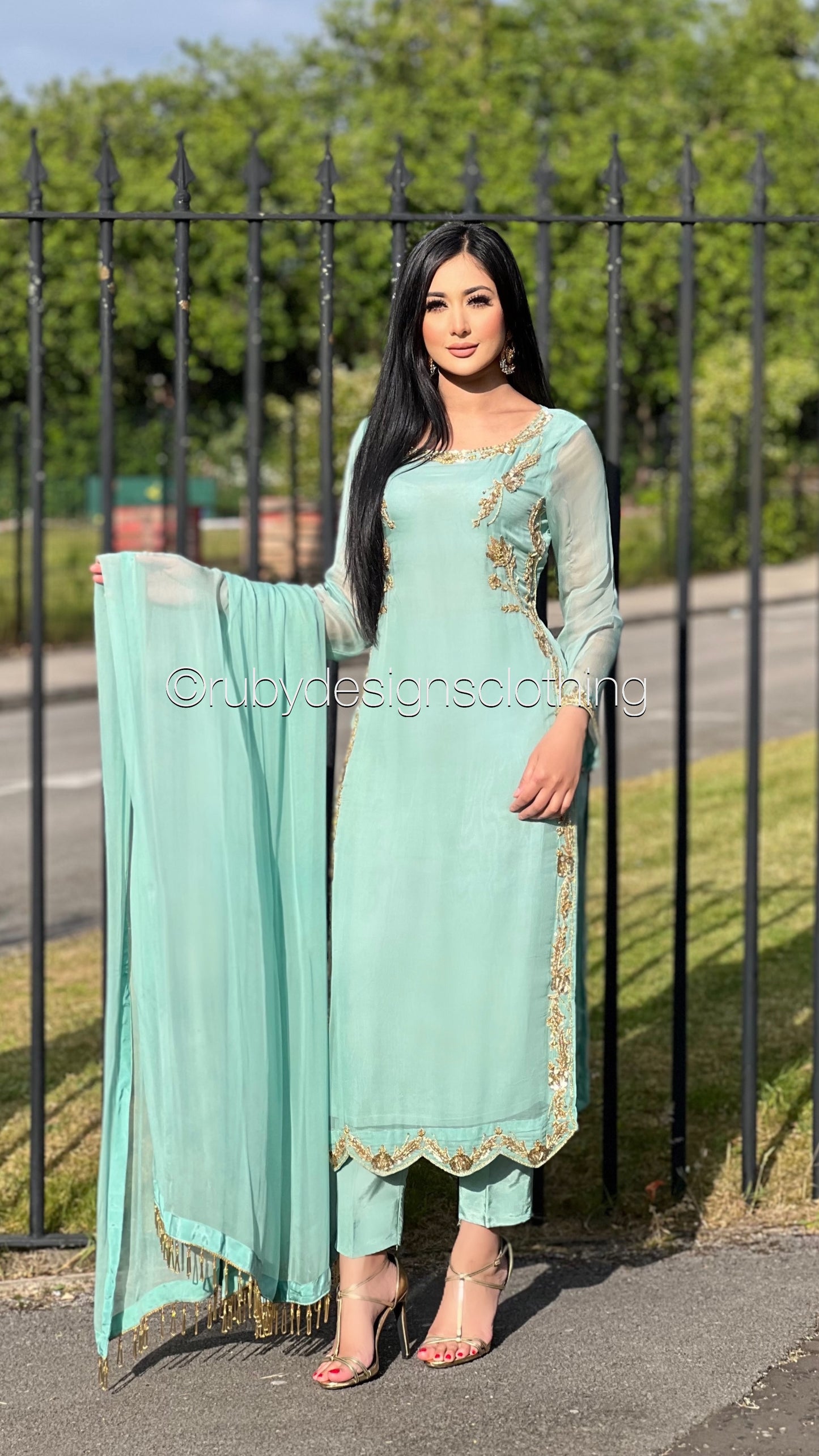 LIMITED EDITION SAMARA Mint - 3 Piece Chiffon Suit with Gold Hand Embellishment (8077672186069)